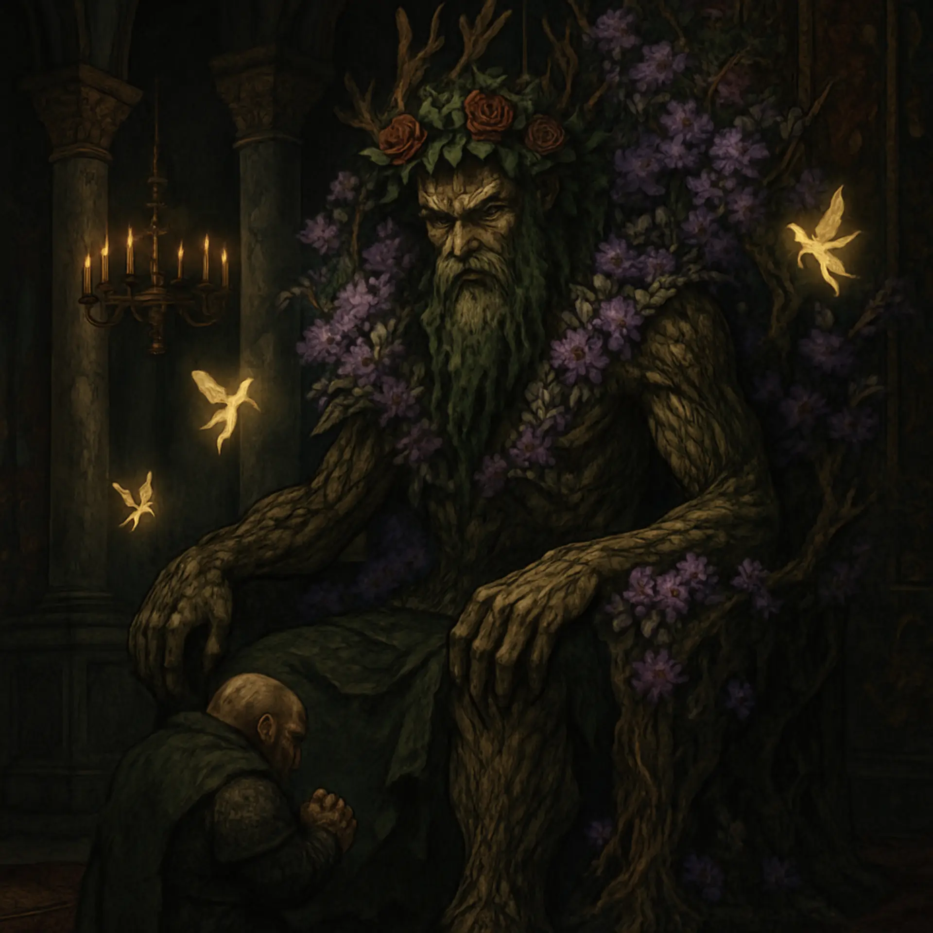 A regal male wood woad druid, crowned with roses and seated upon a throne of branches and lilac flowers. Surrounded by vibrant blooms and fluttering fairies in a mystical, dark fantasy realm, he commands nature’s power with bark skin, tree-limb arms, and loyal animal companions.
