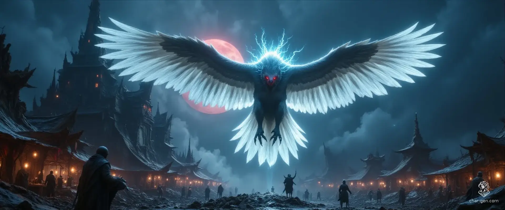 A towering deva in the form of a giant crow with radiant, light-textured skin and luminous white feathers soars menacingly above a ruined temple. Beneath the blood moon, a warlock orc emerges from the shadows, eyes glowing red, as the serene angelic presence darkens the night sky.