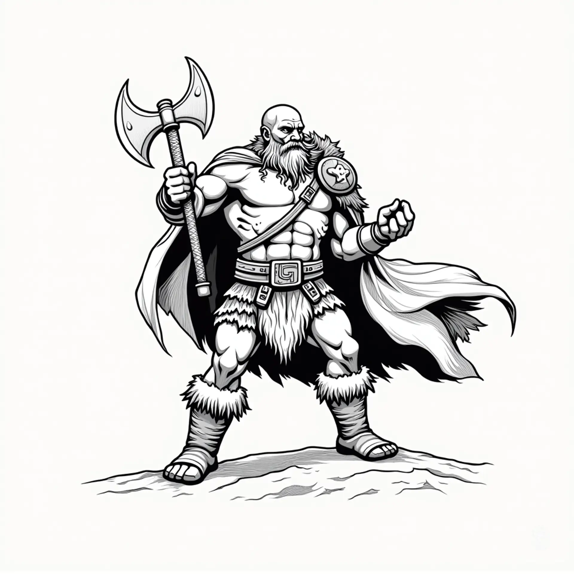 Thraug the Axe-Wielder is a fearsome barbarian warrior hailing from the Frostclaw Highlands. Muscled and rugged, he devastates foes with his massive double-headed axe. Guided by primal instincts and ancient traditions, Thraug embodies raw strength and relentless bravery, ready to defend his clan against any threat.