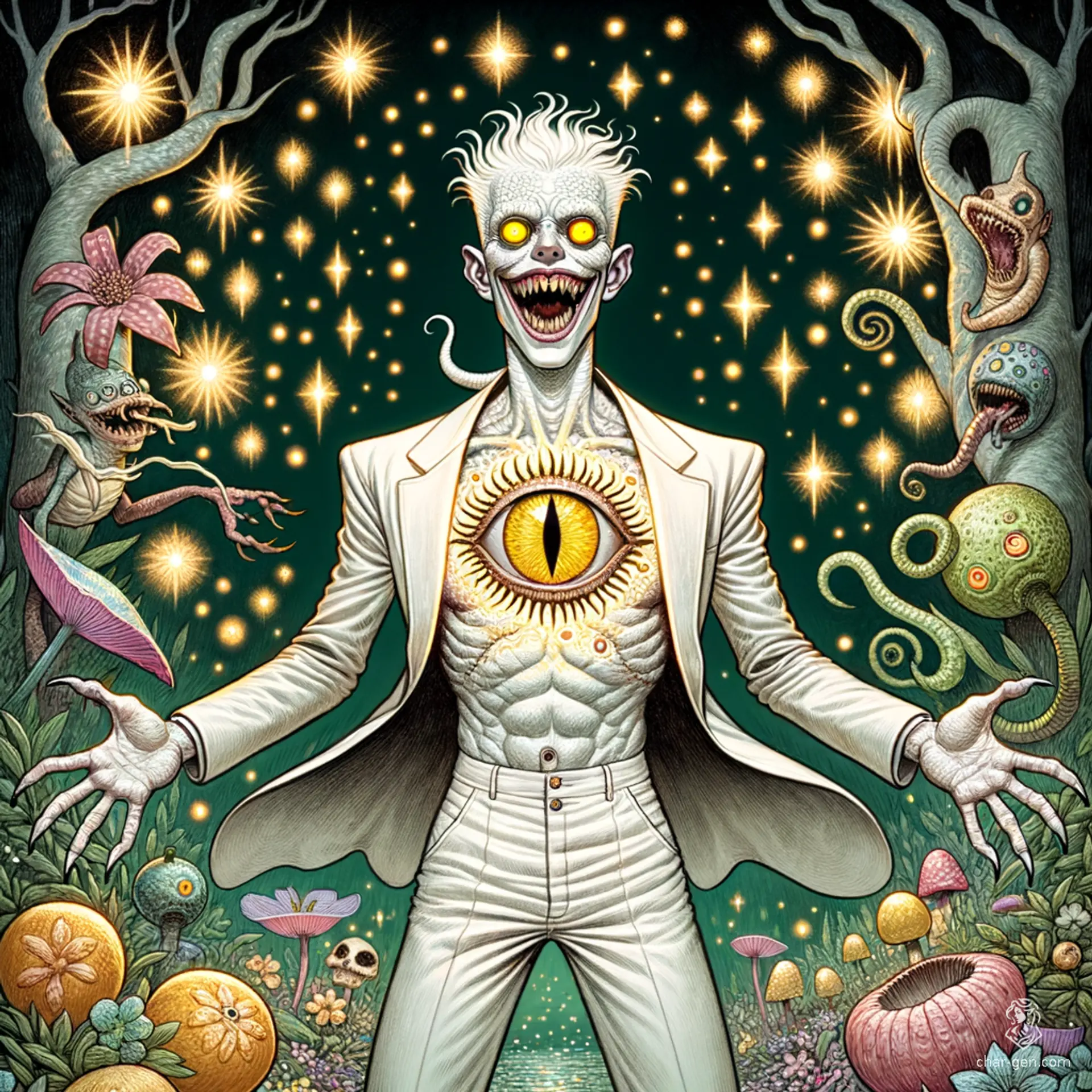 A malevolent figure with yellow lizard eyes and slicked-back white hair, stands topless in white suit pants, revealing a giant eye in his chest. Pale skin contrasts sharply with his pure white hair. Beholder eye stalks sprout from his back. He stretches out his arms, a maniacal grin on his face.