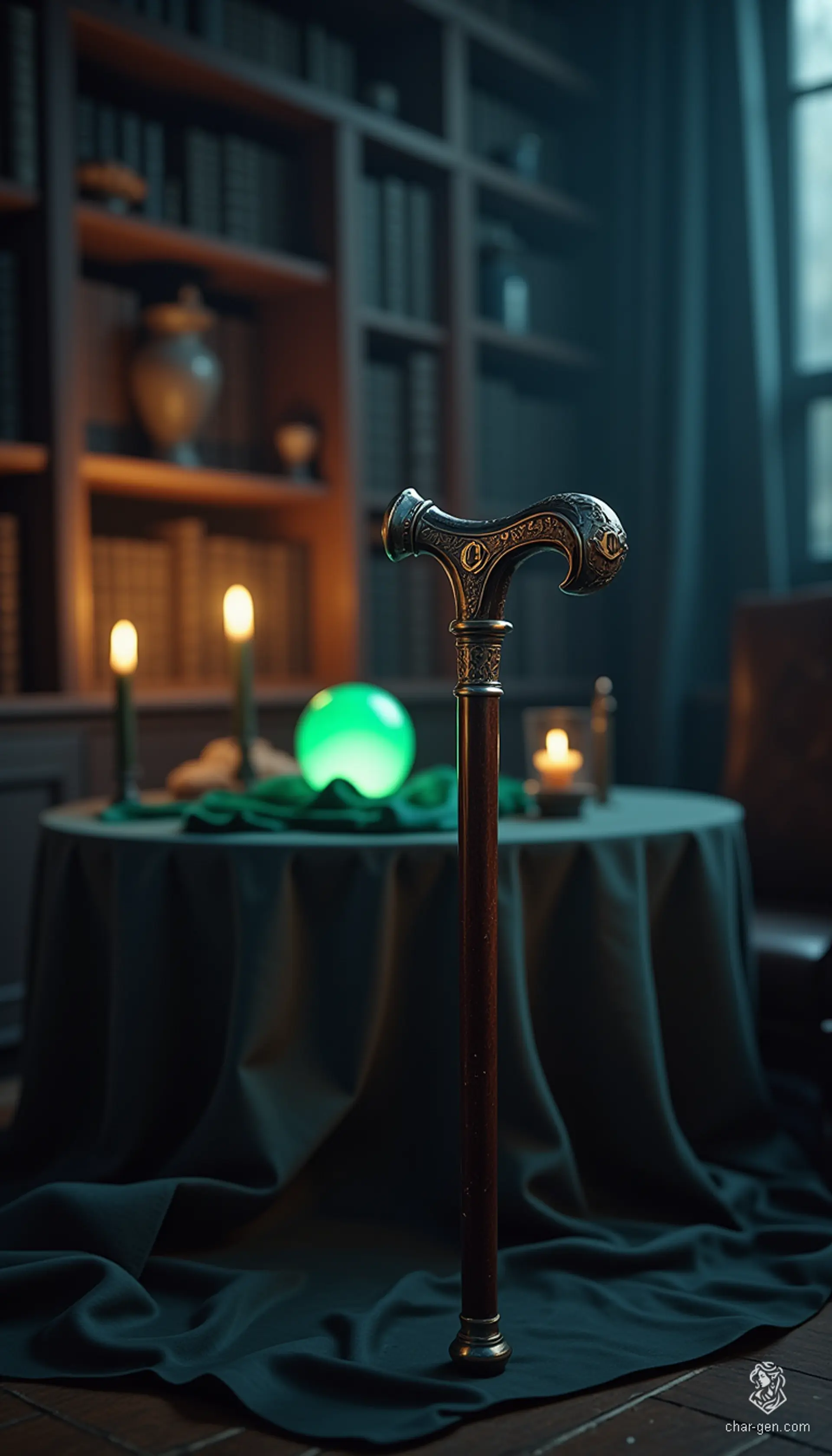 This exquisite walking cane, fashioned from polished ebony and topped with a silver handle engraved with a capital "C," serves as a conduit for arcane energies. Empowered by ancient enchantments, it enhances the user's intuition and reveals hidden truths, guiding them through the shadows of both the world and the mind.