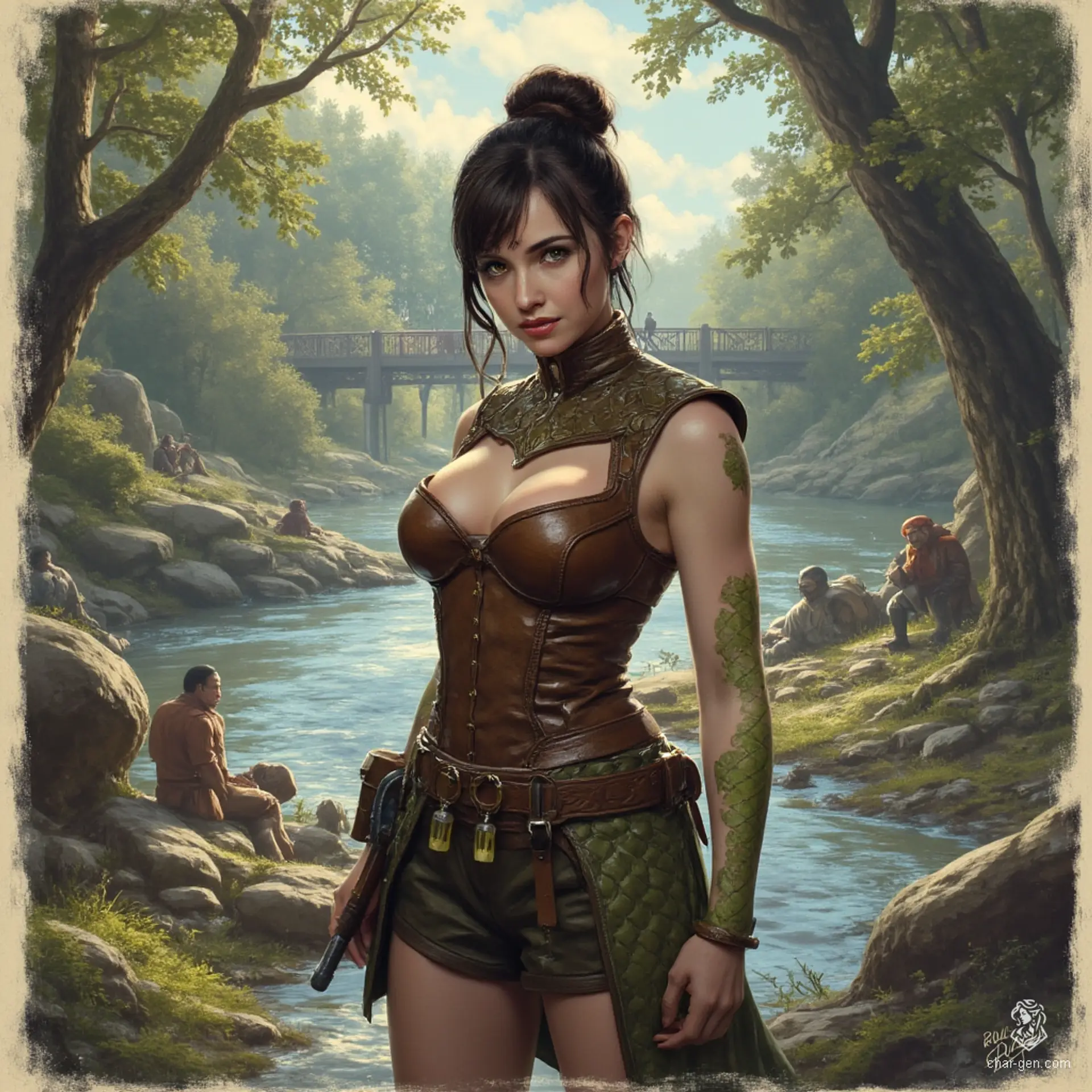 Izzy, a perky halfling assassin, stands at 1.5 meters, draped in snug brown leather armor. Her yellow-green eyes, reminiscent of a serpent's, gleam with cunning. Adorned with shimmering green scales, she skillfully balances beauty and malice, ready to strike as she lurks in the shadows, a master of stealth and poison.