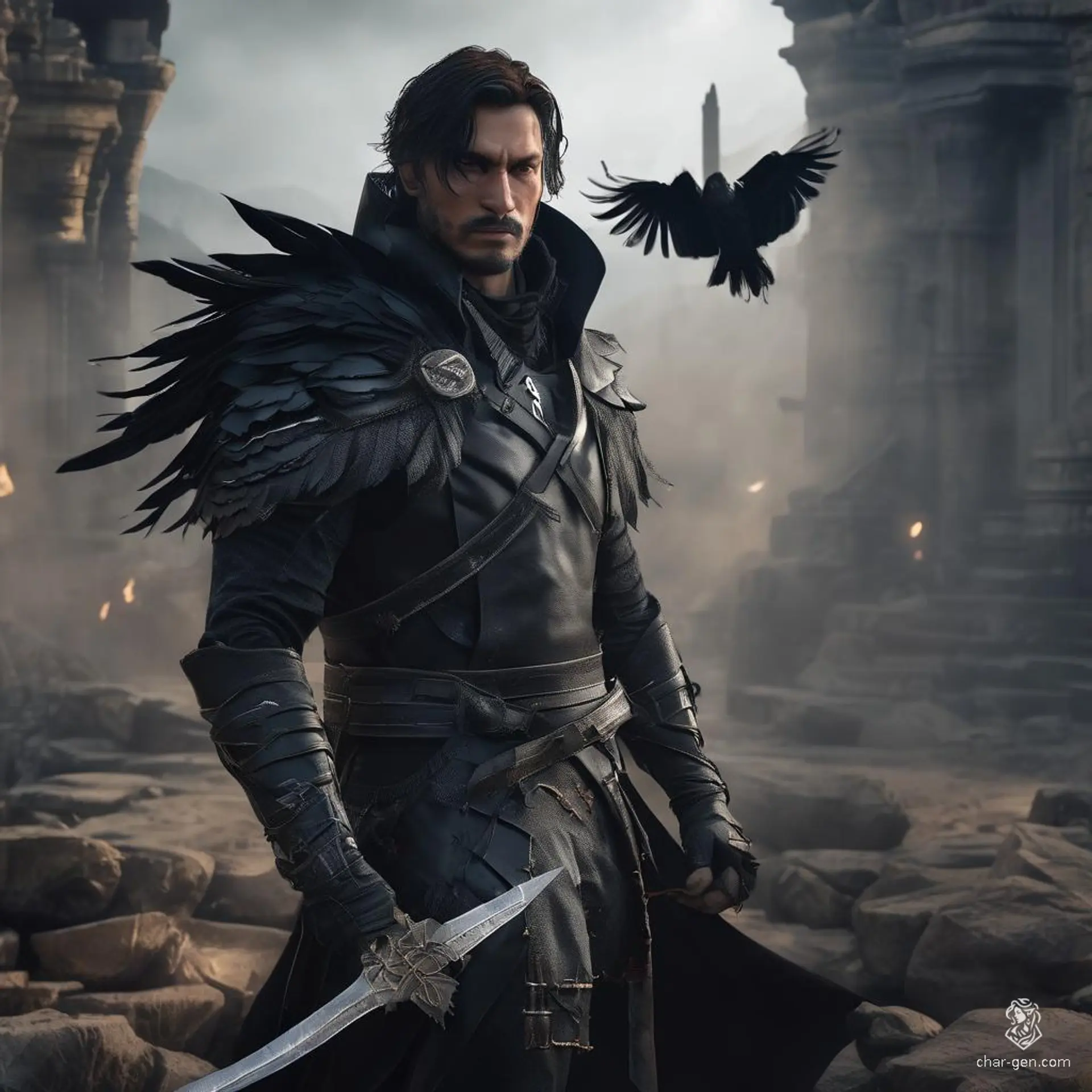 Haunted by a dark past, this 235-year-old shadar-kai rogue wields a dagger with deadly finesse. Clad in intricately detailed leather armor, his striking white skin and raven hair contrast with his pitch-black eyes. He communicates with spirits, seeking redemption for his former role as a feared dark general.