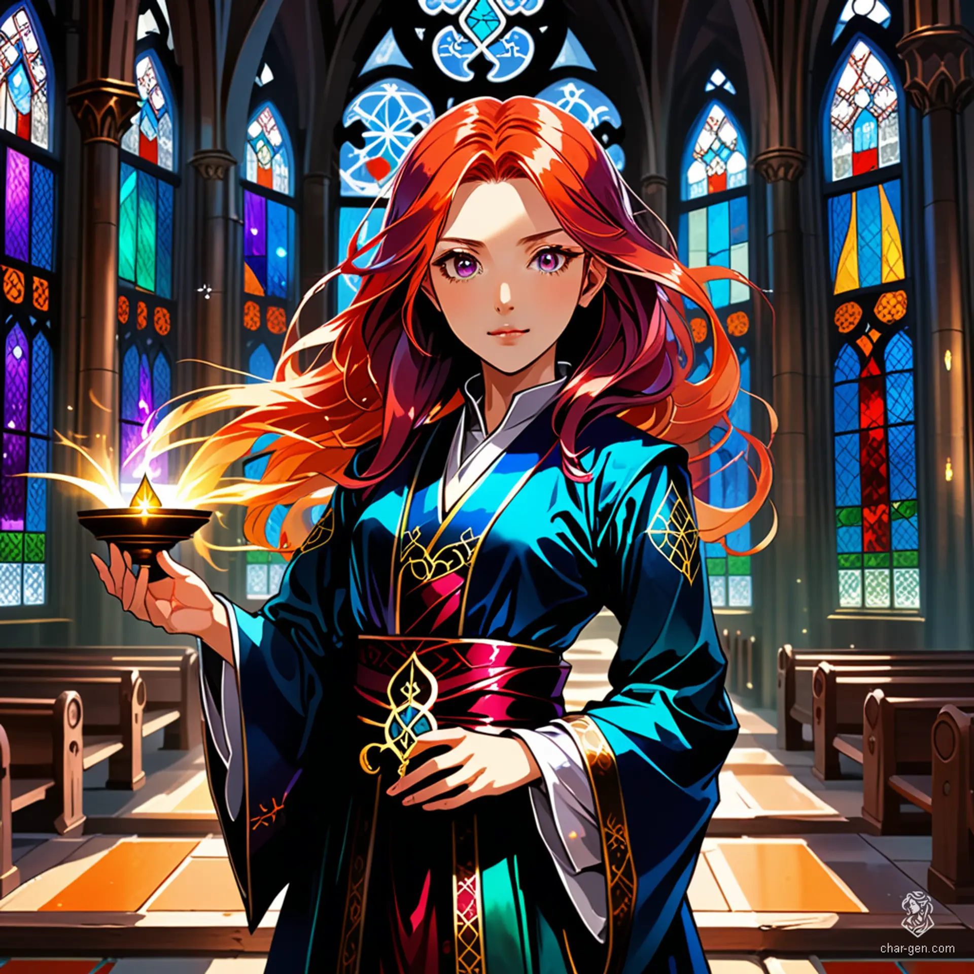 A mystical female wizard adorned in flowing enchanted garments, her attire shimmering with arcane sigils. She wields a staff topped with a glowing crystal and clutches a magical tome, exuding an aura of ancient wisdom and power. Inspired by the vibrant art style of "Breath of Fire."