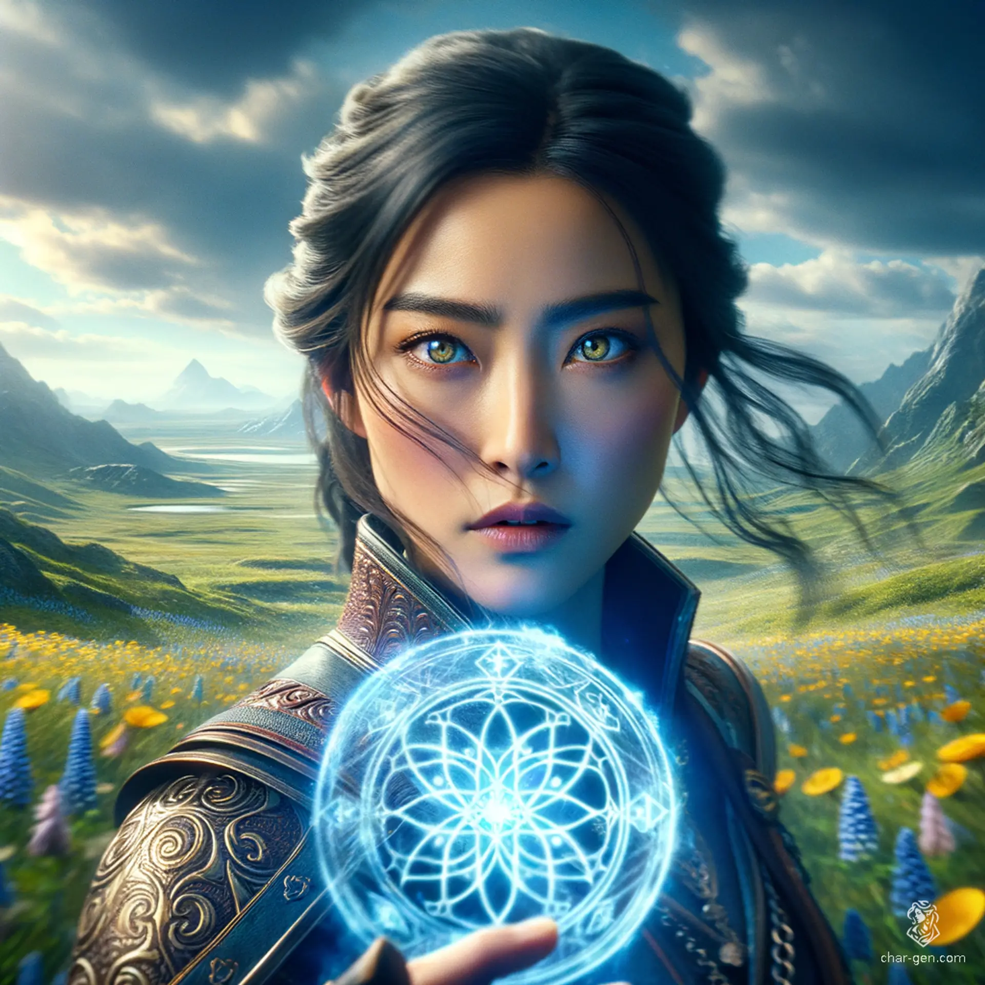Jouli, a strikingly beautiful middle-aged investigator mage of East Asian descent, stands poised in a dynamic defensive stance. Her pale skin shimmers in the sunlight, highlighted by the blue glowing rune she conjures. With a pixie cut and intricately embossed leather armor, she balances her roles as both guardian and librarian, preserving ancient knowledge amidst towering bookshelves.