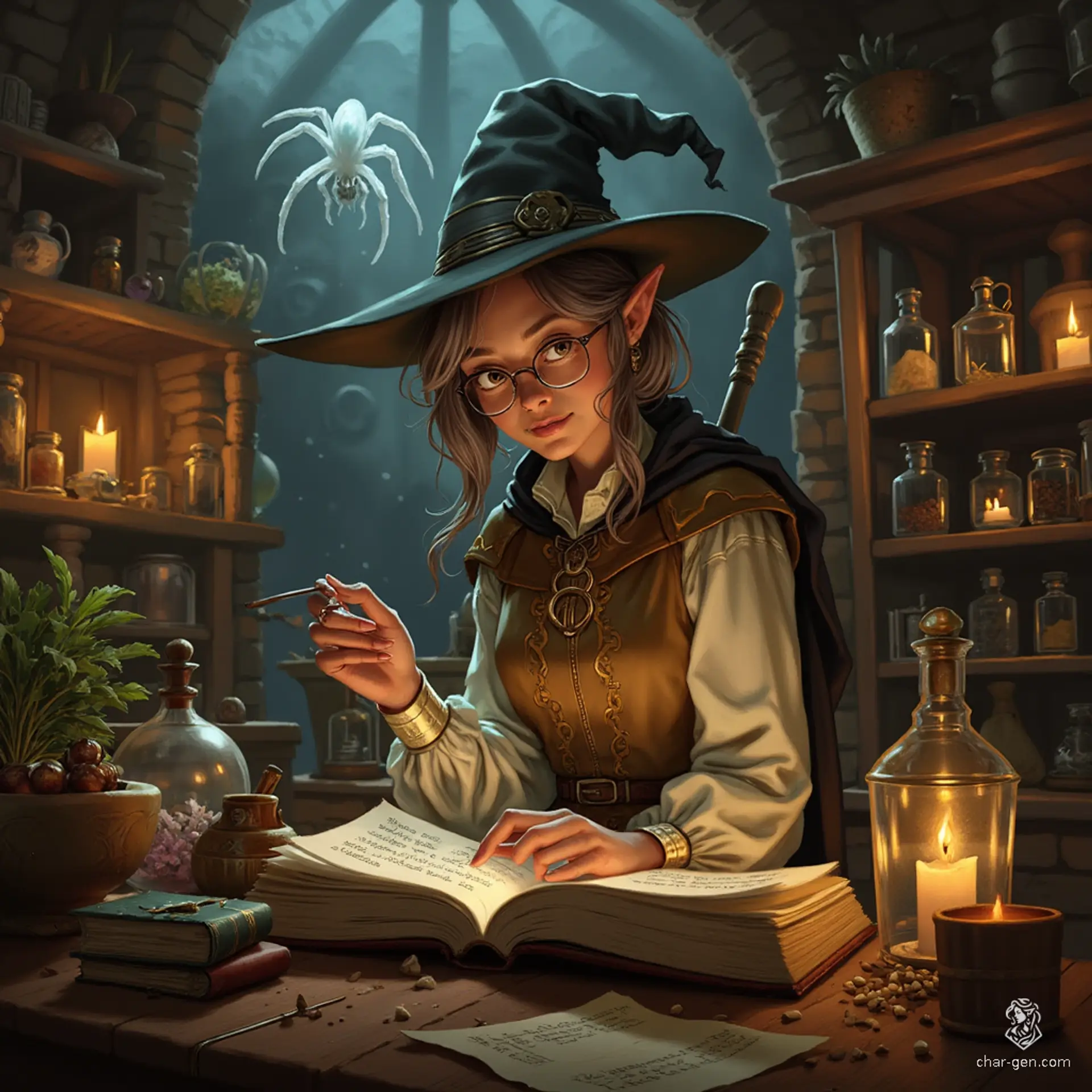 Maryam, the Apothecary Witch, is a graceful, older elf with tanned skin and bright topaz eyes that shimmer with curiosity. Her shoulder-length, tea-colored hair is streaked with grey, and she wears a charming pointed hat. Surrounded by jars of herbs and potions, she meticulously studies her tome, embodying a warm blend of wisdom and excitement, aided by her translucent spider familiar.