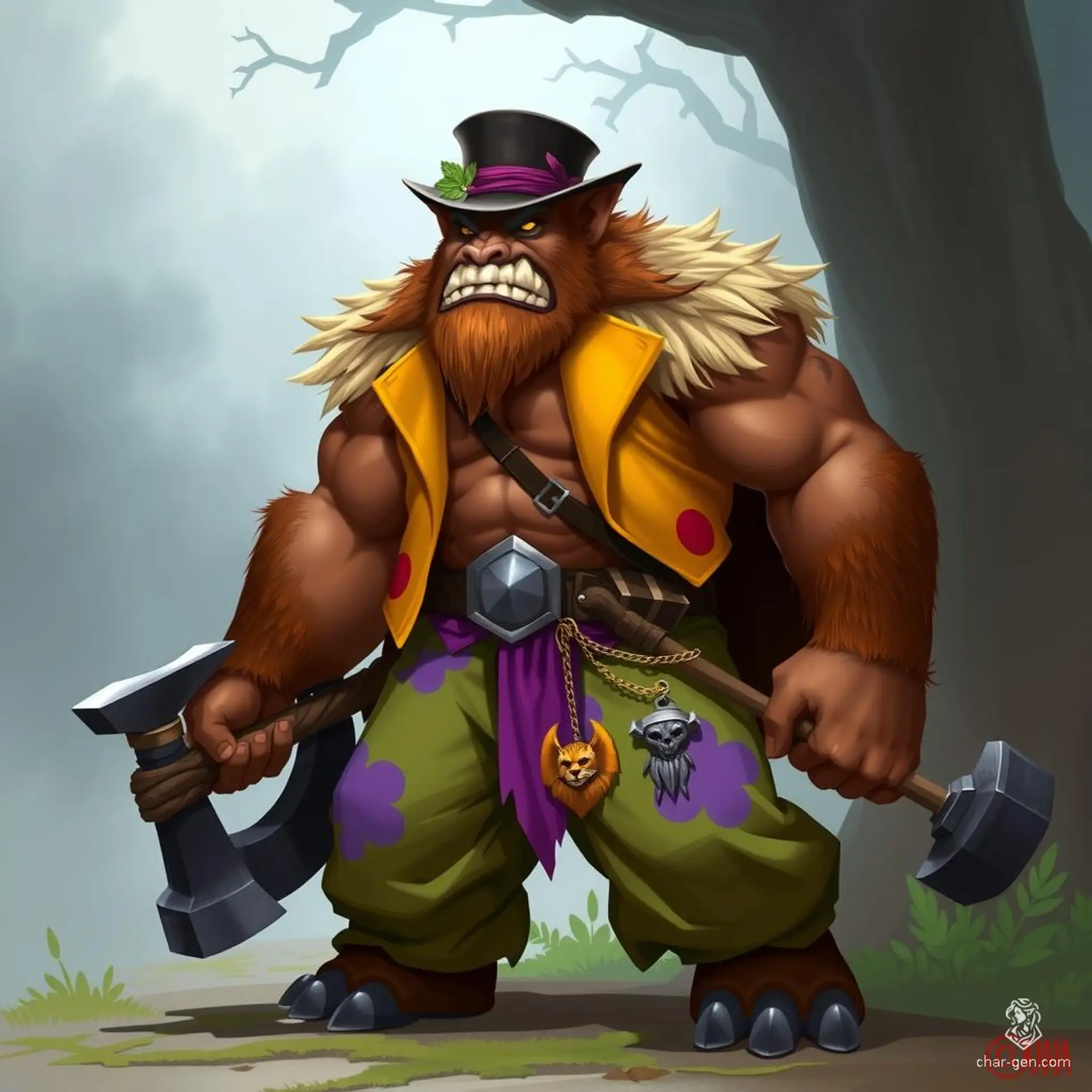 Krom, a hulking Bugbear barbarian, wields a trusty Maul and sports reddish-brown fur splotches. Scars crisscross his muscular arms. Clad in a fancy top hat, a loud yellow suit jacket, and vibrant baggy pants, his belt boasts trophies from his monstrous conquests.