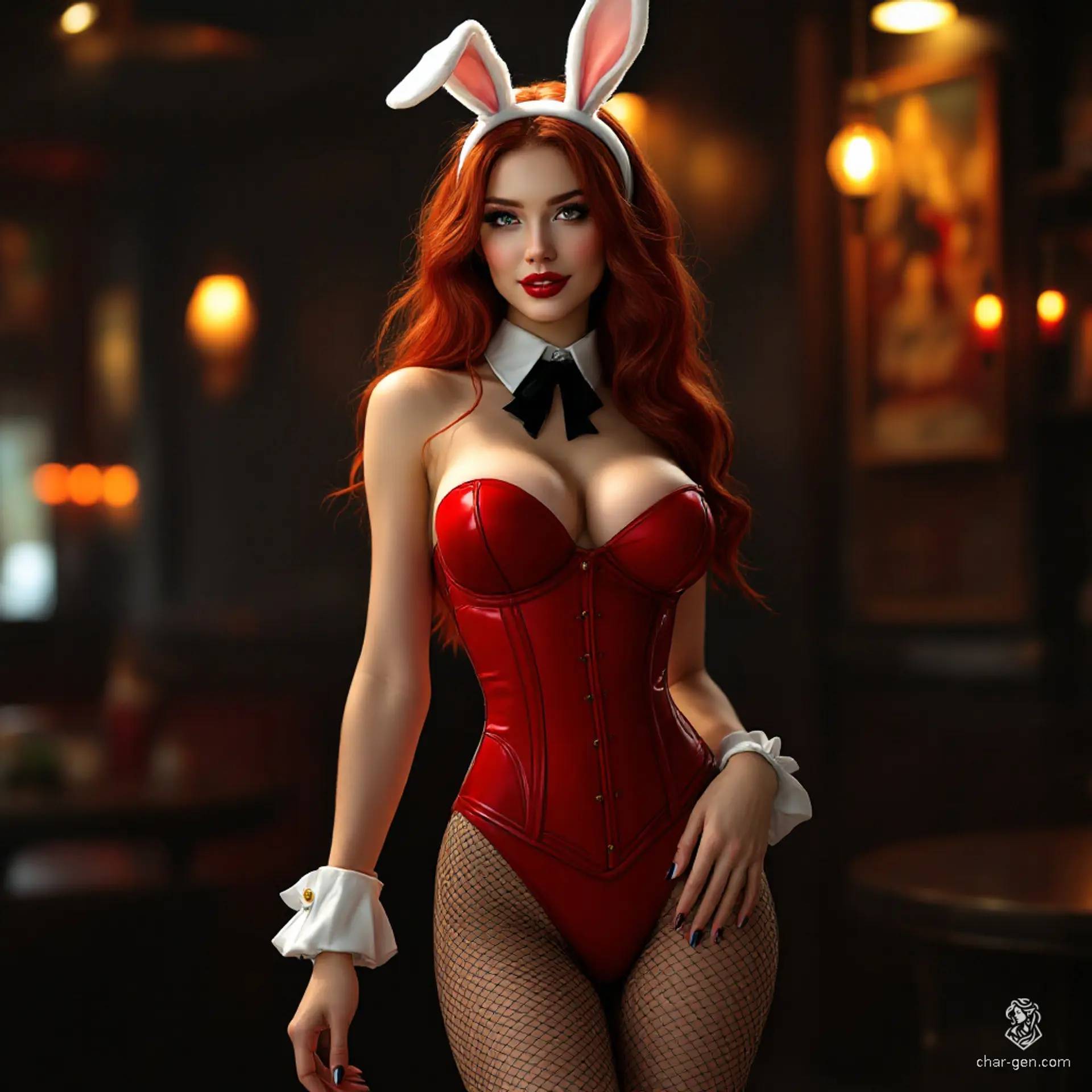 Meet Seraphina, a captivating enchantress from the realm of Vaeloria. With fiery red hair and sultry lips, she weaves magic through her charm. Dressed in a provocative corset and adorned with playful bunny ears, she beckons adventurers to indulge in her world of allure and mystery. 