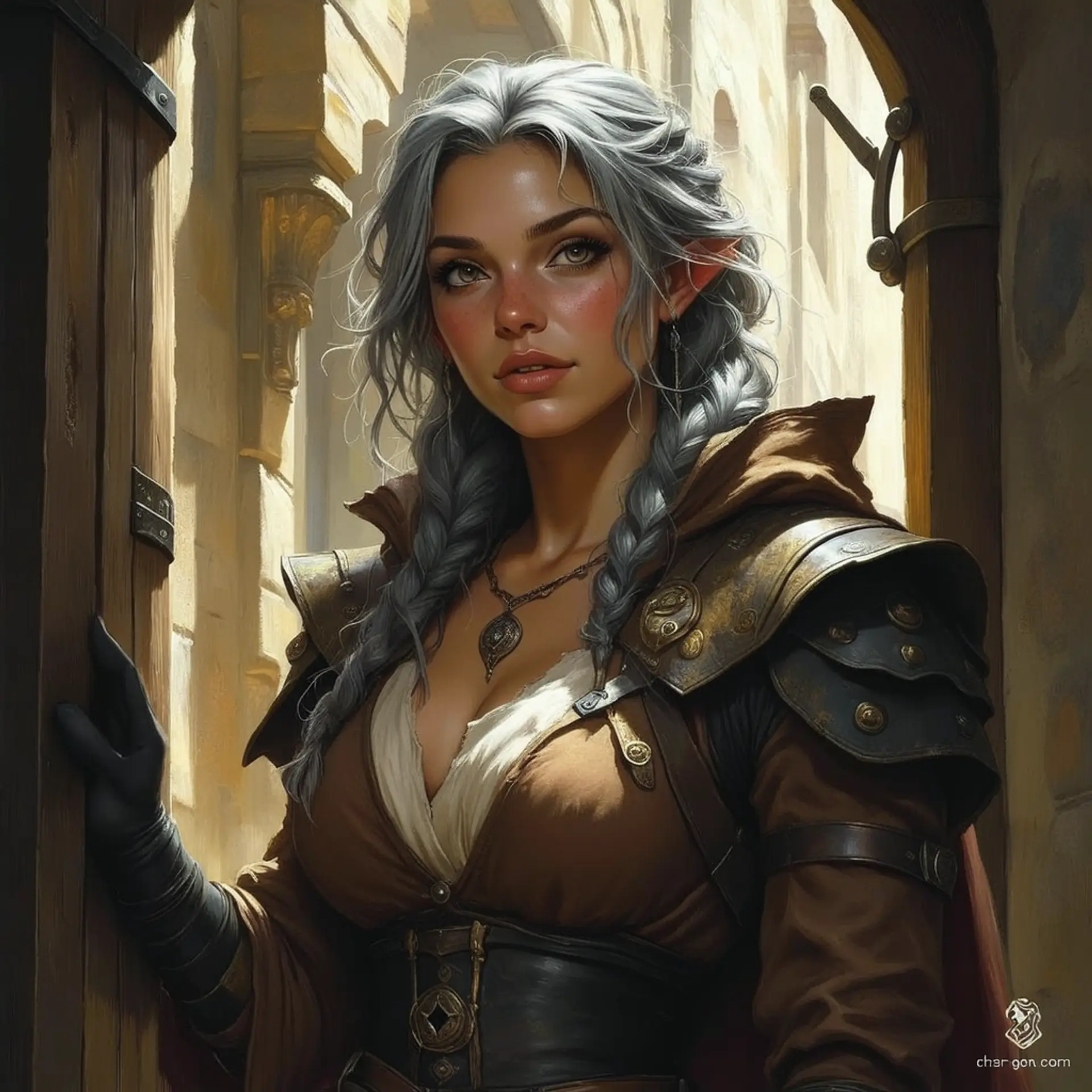 In a moody medieval alleyway, a strong, confident female warrior stands poised. With silver-gray hair and piercing eyes, she dons intricately detailed dark brown leather armor. The painterly portrait captures her fierce spirit, illuminated by soft, warm lighting that accentuates her determined expression and striking presence.