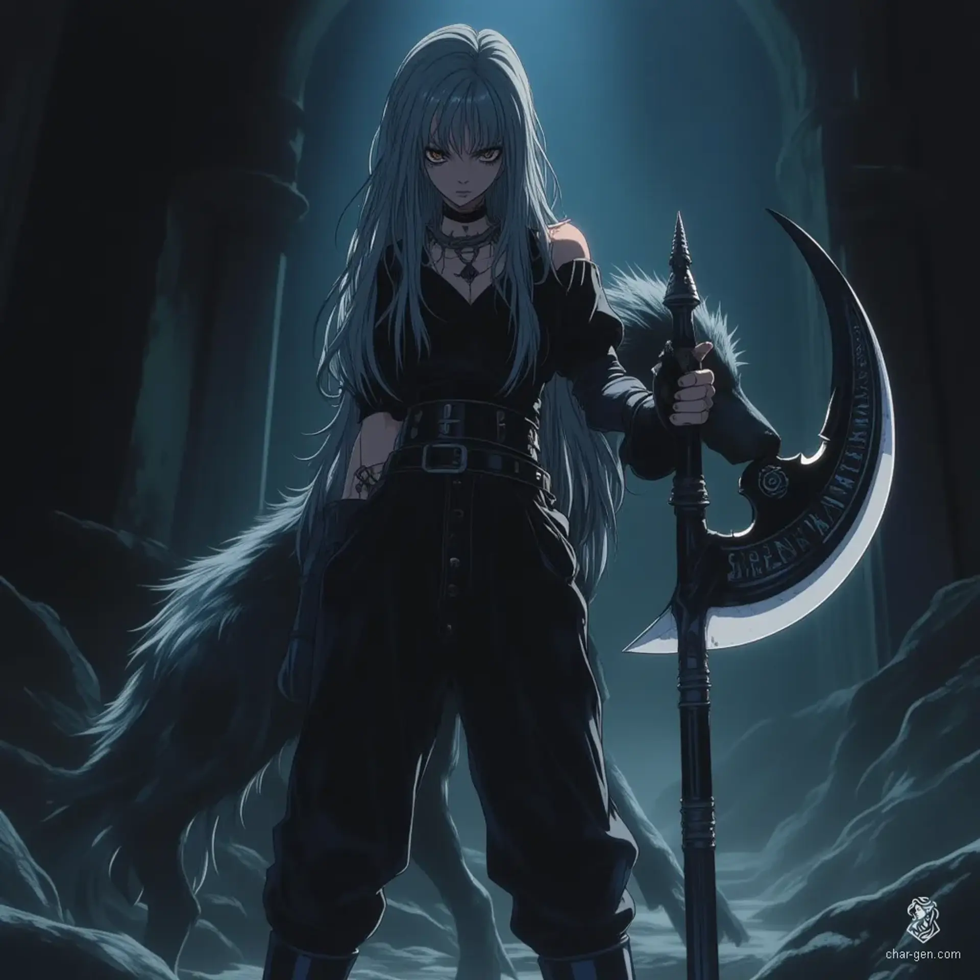 A weary young woman with pale gray skin and long, ashen hair gazes intensely with her amber eyes, shadowed by dark circles. Dressed in flowing black garments and wielding a ritual sickle adorned with wolf runes, she is accompanied by a spectral wolf, embodying both grace and sorrow.