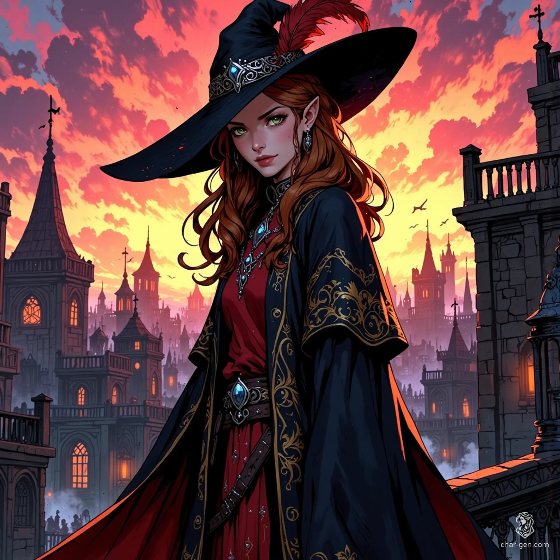 In a vibrant, anime-inspired fantasy world, a daring 19-year-old woman with long brown hair and piercing green eyes dons a striking black cassock with red and silver accents. With a jeweled domino mask and a taunting smirk, she stands confidently atop a medieval rooftop, evading pursuing guards.