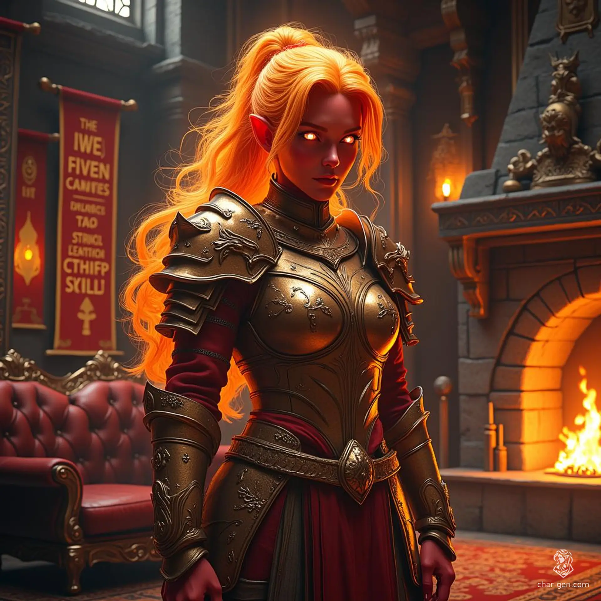 A fierce female fire genasi paladin, she boasts dark red skin and a stunning flaming ponytail. With an aura of dignity and a protective stance, her appearance is enhanced by nebula-like flames, embodying the elemental power of fire with a striking tan complexion.
