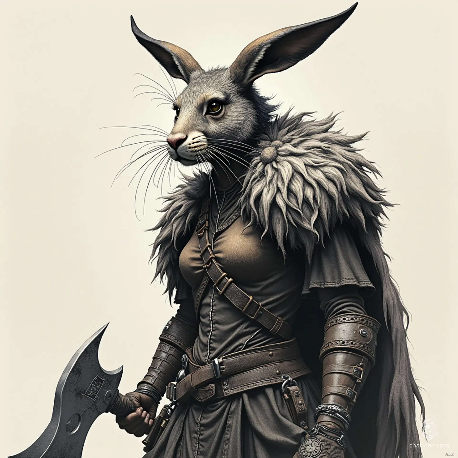 A fearsome female harengon barbarian stands poised, battleaxe in hand. With a rabbit's head, whiskers, long hare ears, and fur. Warrior facepaint accentuates her fierce eyes, and her braided hair flows beneath a rugged bear pelt. Evoking dark fantasy, hand-drawn in a 70s book illustration style.