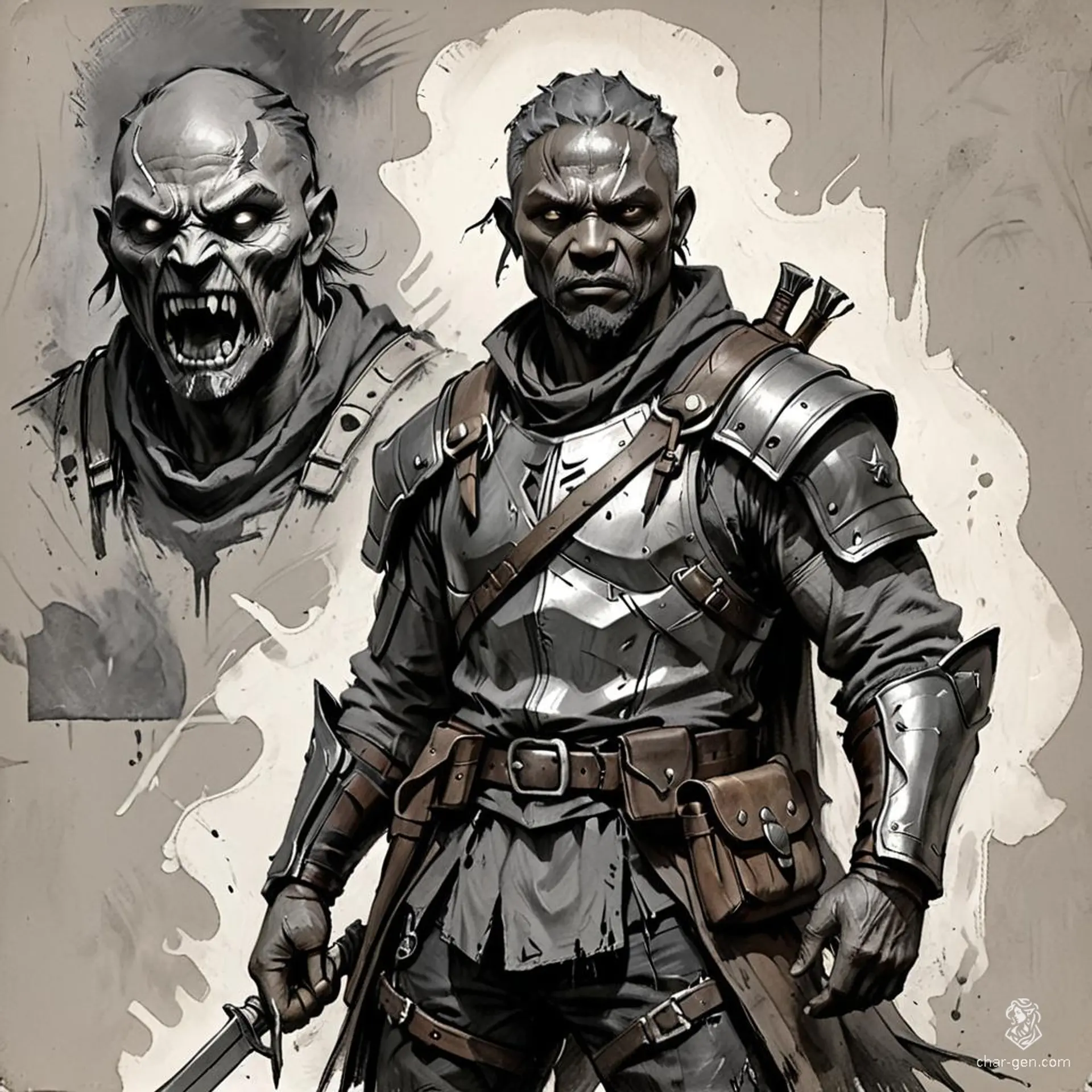A fluid-gendered, grey-skinned ranger-turned-bandit with jet-black hair, clad in tattered leather armor and a skull-shaped mask. Hardened and ruthless, they wield weapons with brutal precision, guided by a keen eye, and carry a pouch of stolen coins from their marauding exploits.