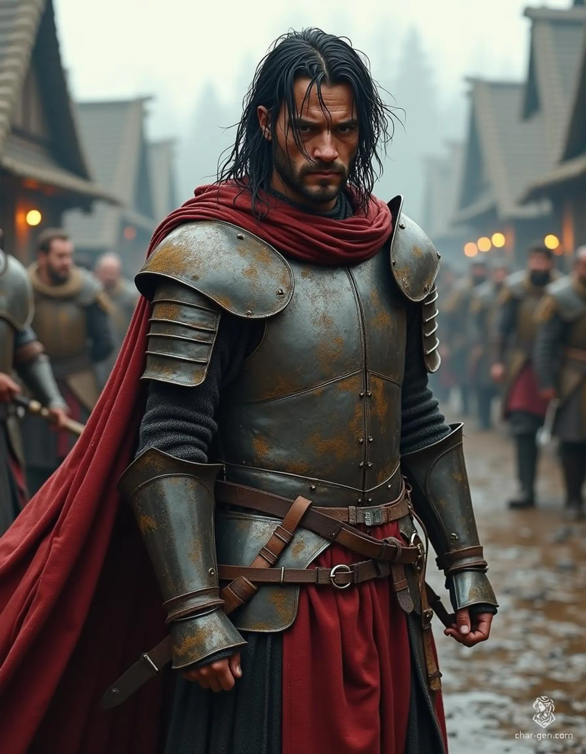 A battle-hardened human warrior stands weary but resolute in a medieval village. Clad in tattered leather armor and a flowing red cloak, his messy, wet black hair drips from the recent battle. Dirt streaks his skin, reflecting the scars of countless conflicts and his unwavering spirit.