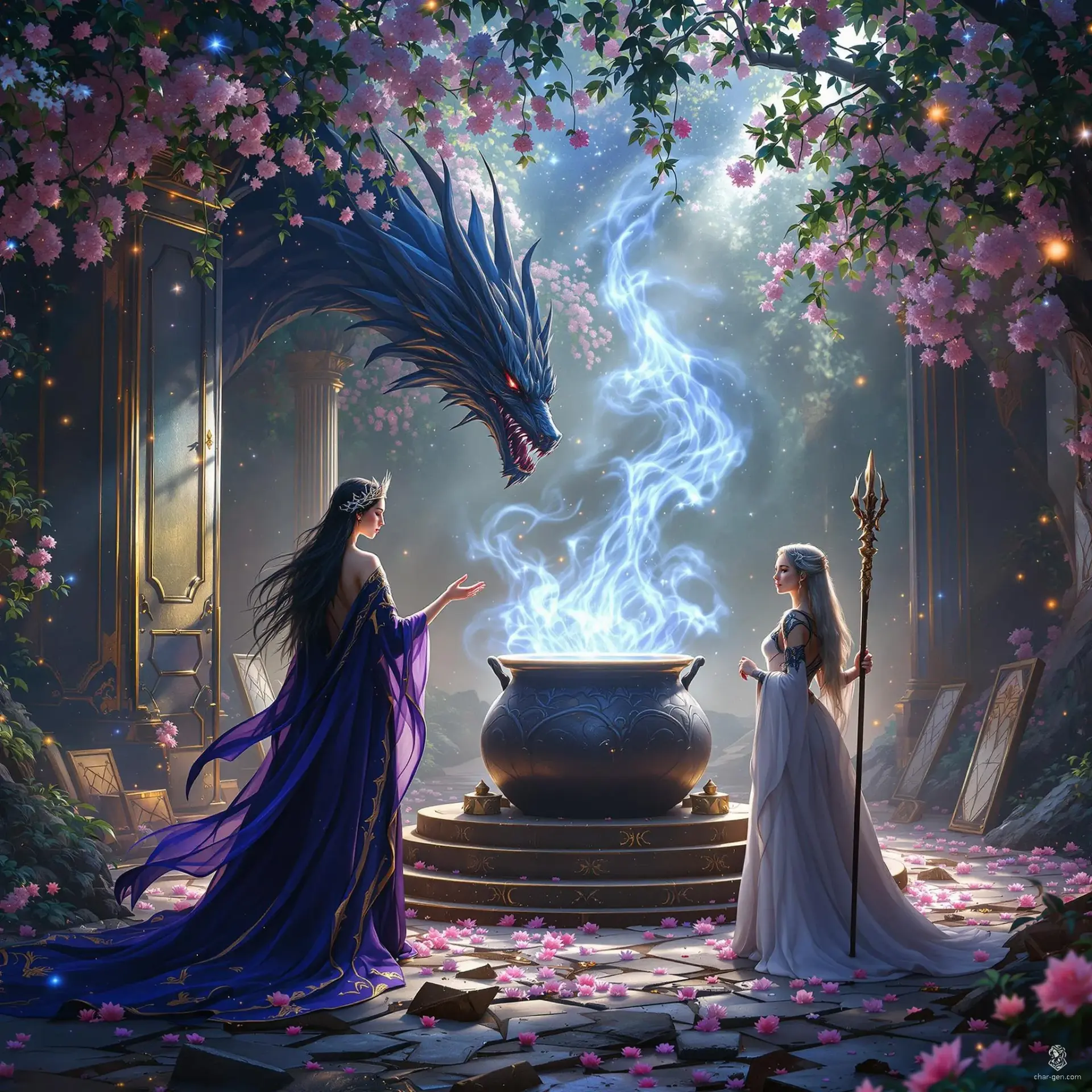 In a grand ballroom, shattered doors reveal side rooms as royal courtiers fixate on a central black iron cauldron. Around it, a dreaming dragon-like creature coils. A regal, ethereal queen in flowing, arcane robes reaches towards the cauldron with a commanding presence, while a younger armored woman, gripping a quarterstaff, stands by her side. The scene is enveloped in a mystical, high-detail fantasy atmosphere.