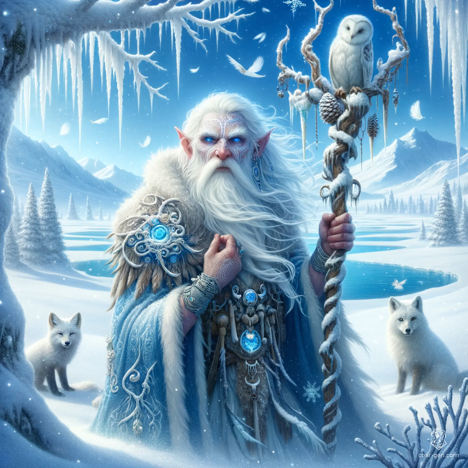 Elder of a snow-bound gnome tribe, this pale-skinned male druid, with bright pure white hair, dons shaman clothes and commands earthy elements alongside loyal animal companions.