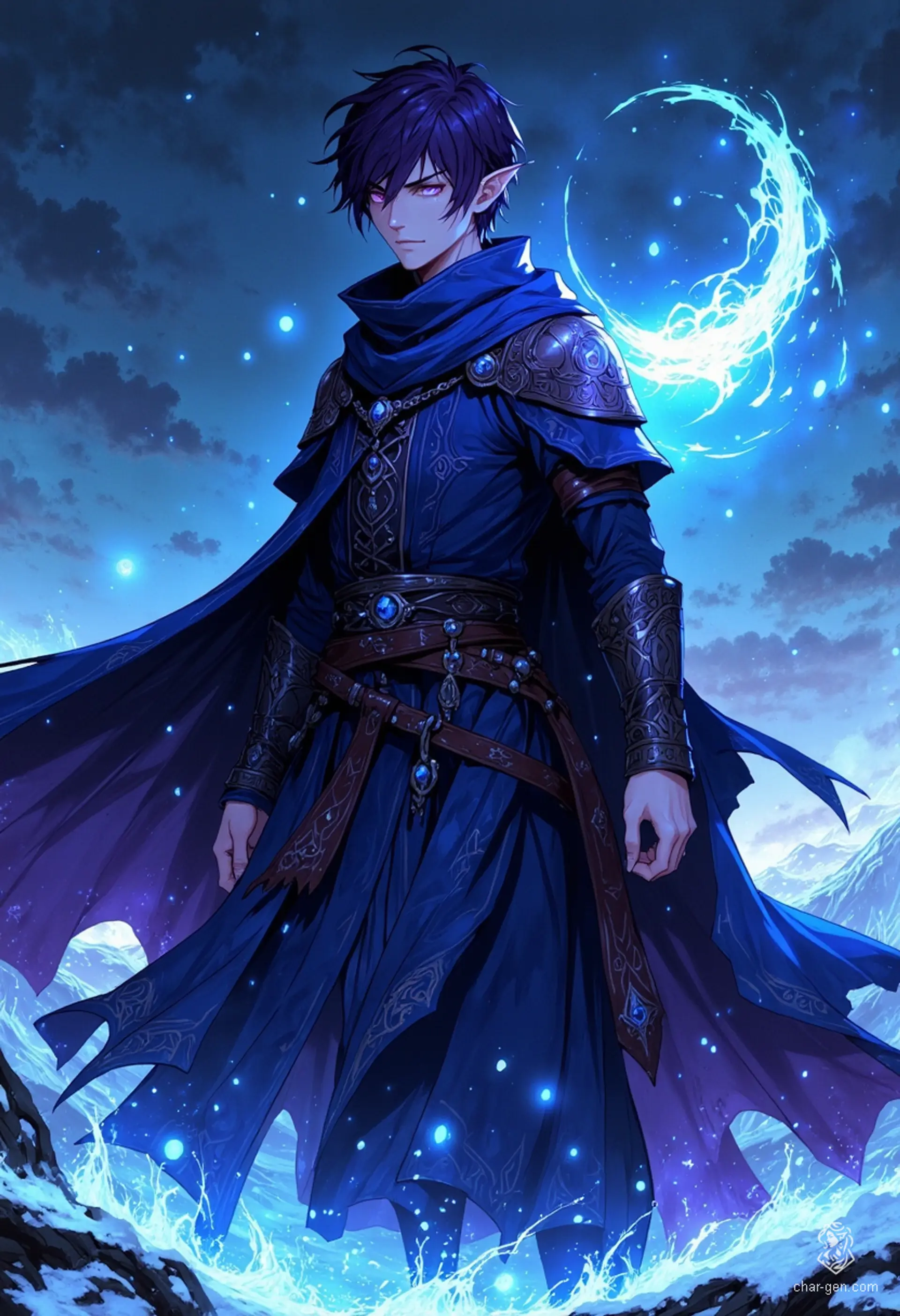 A striking sorcerer stands in an icy field, his thin build draped in an elaborate dark blue robe. With glowing violet eyes and short dark purple hair, he channels swirling magic from his hands, casting an enchanting aura amidst the harsh winds of winter.
