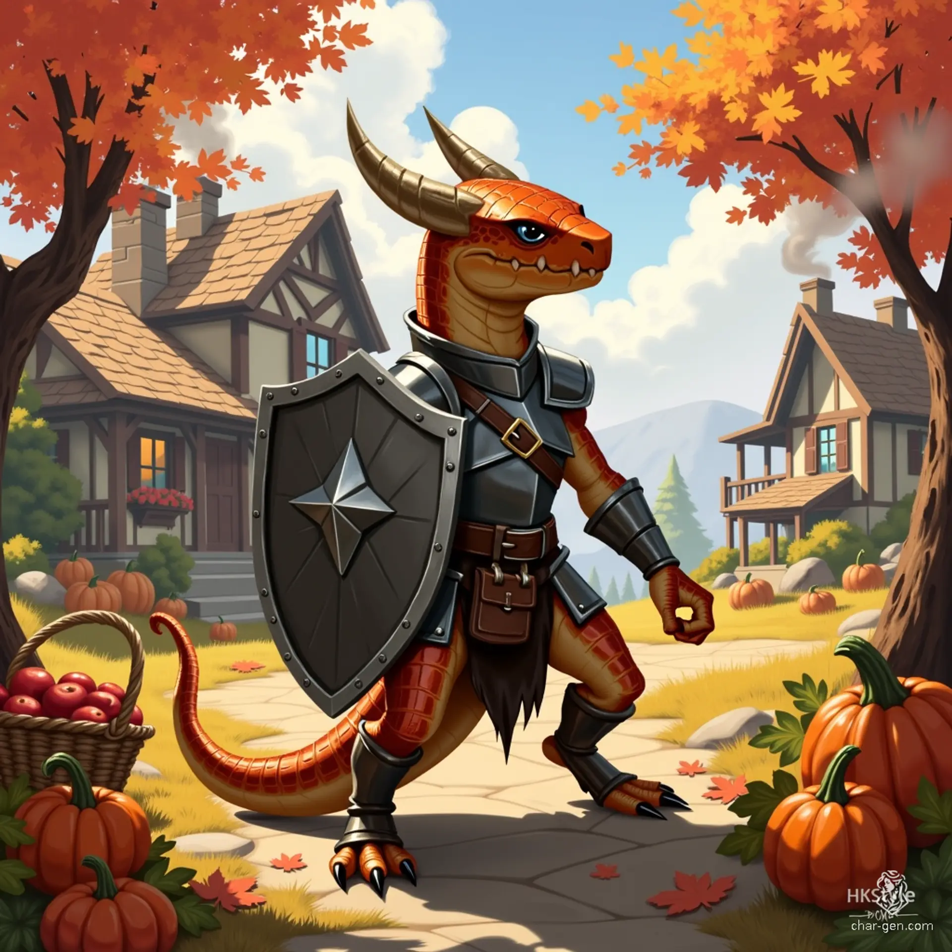 Luna, a fluid-gender half-kobold, half-goloma fighter, boasts a copper-scaled, muscular physique. Clad in steel breastplate and tattered leather armor, they wield a steel shield mid-battle, showcasing their eight black eyes and fierce determination as a hardened outlaw. A dynamic blend of resilience and cunning.