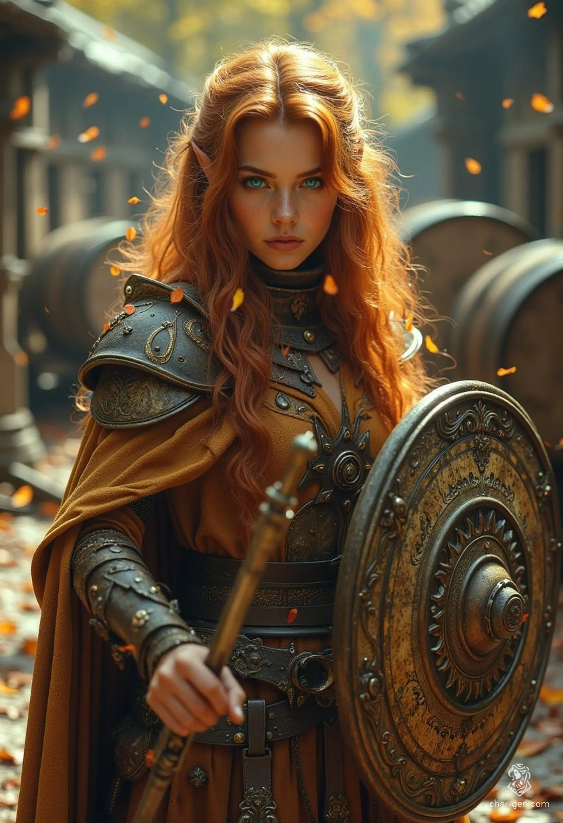 Verity, a 140-year-old Autumn Elf cleric, embodies a fierce yet serene warrior spirit. Clad in intricate armor with earthy tones and auburn hair adorned with autumn leaves, they wield a rapier and a broad shield, ready for battle. Their golden skin and azure eyes radiate wisdom and strength, guided by a chaotic independence.