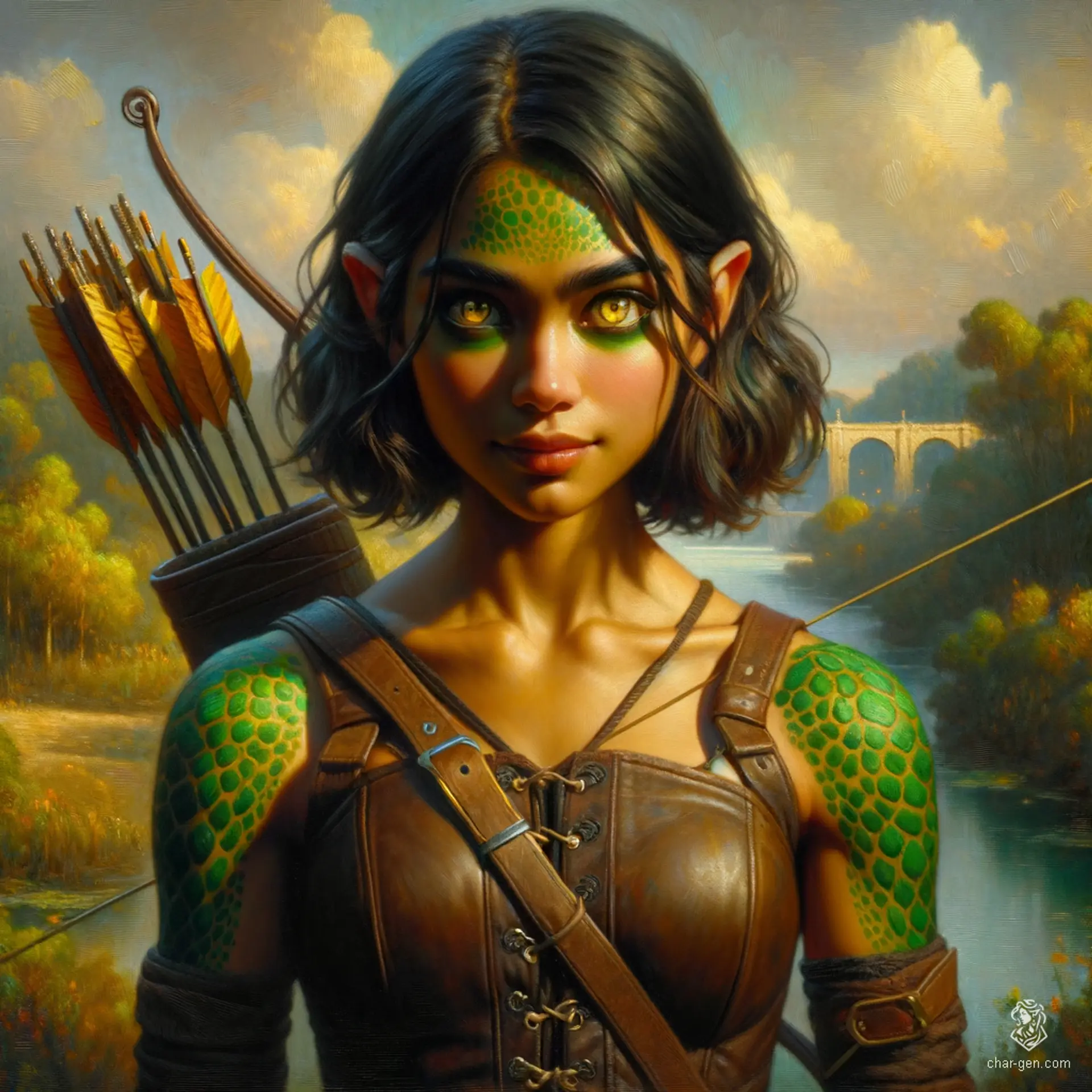 Izzy is a young, perky halfling assassin, standing 1.5 meters tall, with round features and striking yellow-green eyes. Clad in a tight brown leather breastplate, her bare arms shimmer with patches of green scales. Loading her crossbow, she embodies danger, competence, and the thrill of the hunt, lurking patiently in the shadows.