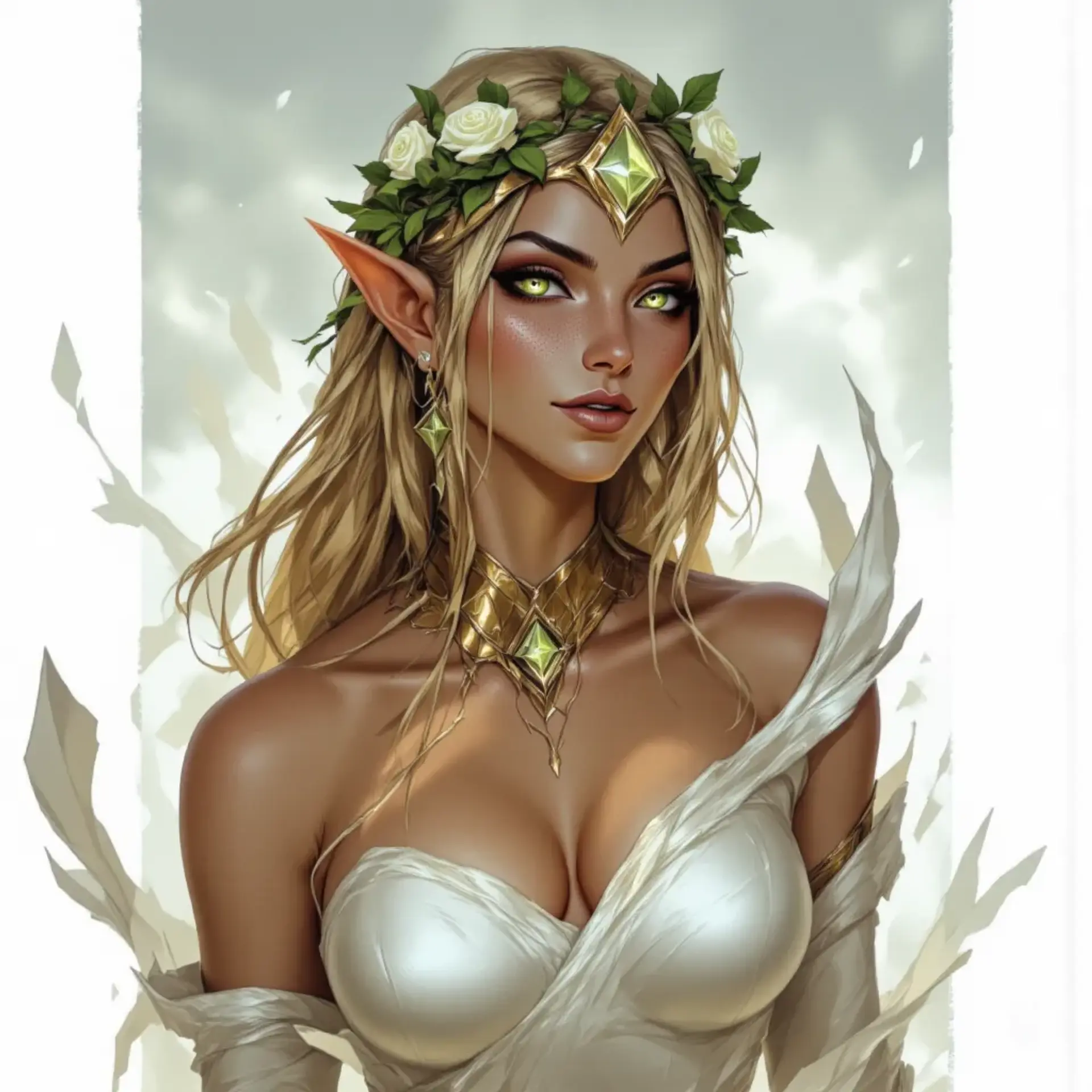 Queen Elowen is a stunning middle-aged elf with striking white eyes and long, straight light brown hair adorned with a wreath of green leaves and delicate white roses. Her calm demeanor is framed by elegant gold hoop earrings and a richly embroidered white kyrtill, complemented by a gold choker adorning her graceful neck.