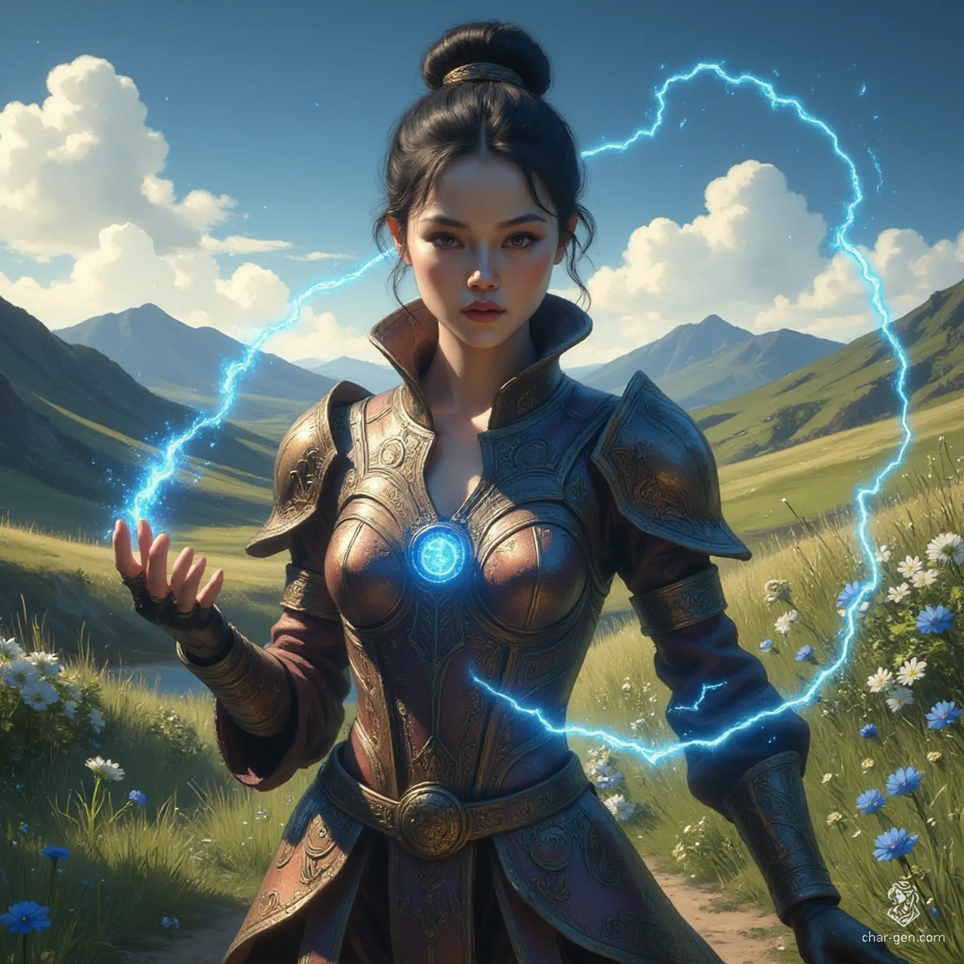 Jouli, a strikingly beautiful middle-aged investigator mage of East Asian descent, stands 5'4" in intricately embossed leather armor. Her fair skin shimmers in the sunlight as she traces a glowing blue rune, her pixie cut accentuating her bright, concerned eyes. A dedicated librarian among ancient texts, she embodies grace and strength.