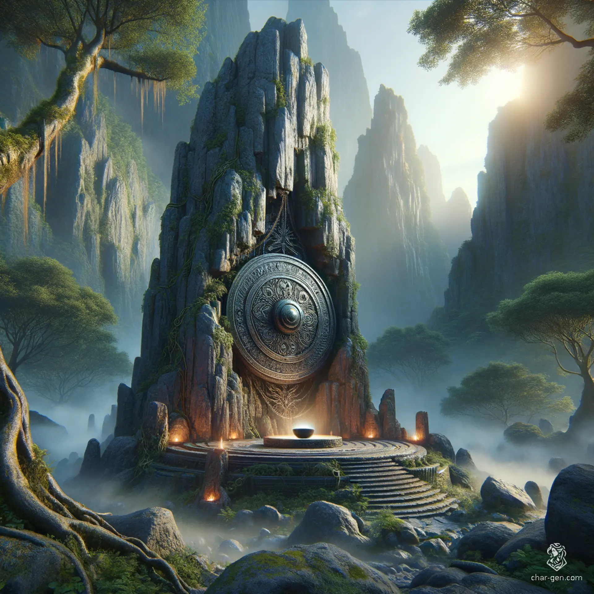 Nestled within a towering 15-meter rock, the altar emerges, etched with ancient runes and surrounded by a misty aura. Vivid flora dances at its base, while a mysterious black metal disk radiates an enigmatic energy, shimmering under the ethereal glow of a lavender sky.