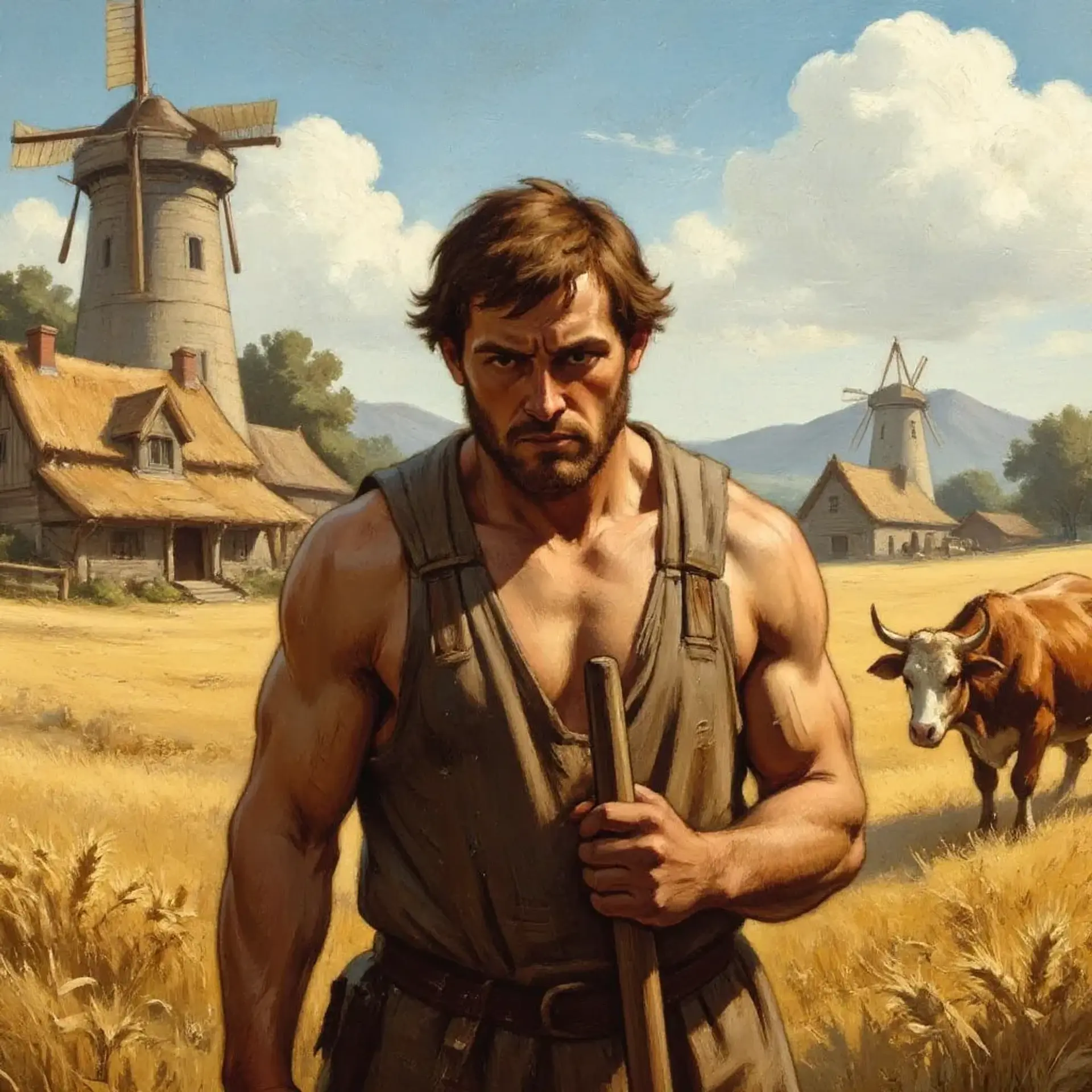 A broad-shouldered, weathered man in his thirties, he embodies resilience. With sun-worn, tan skin and a thick beard, his rough hands tell tales of toil in the fields. His weary hazel eyes and crooked nose reflect a life of hardship and determination, fueled by an unwavering spirit.