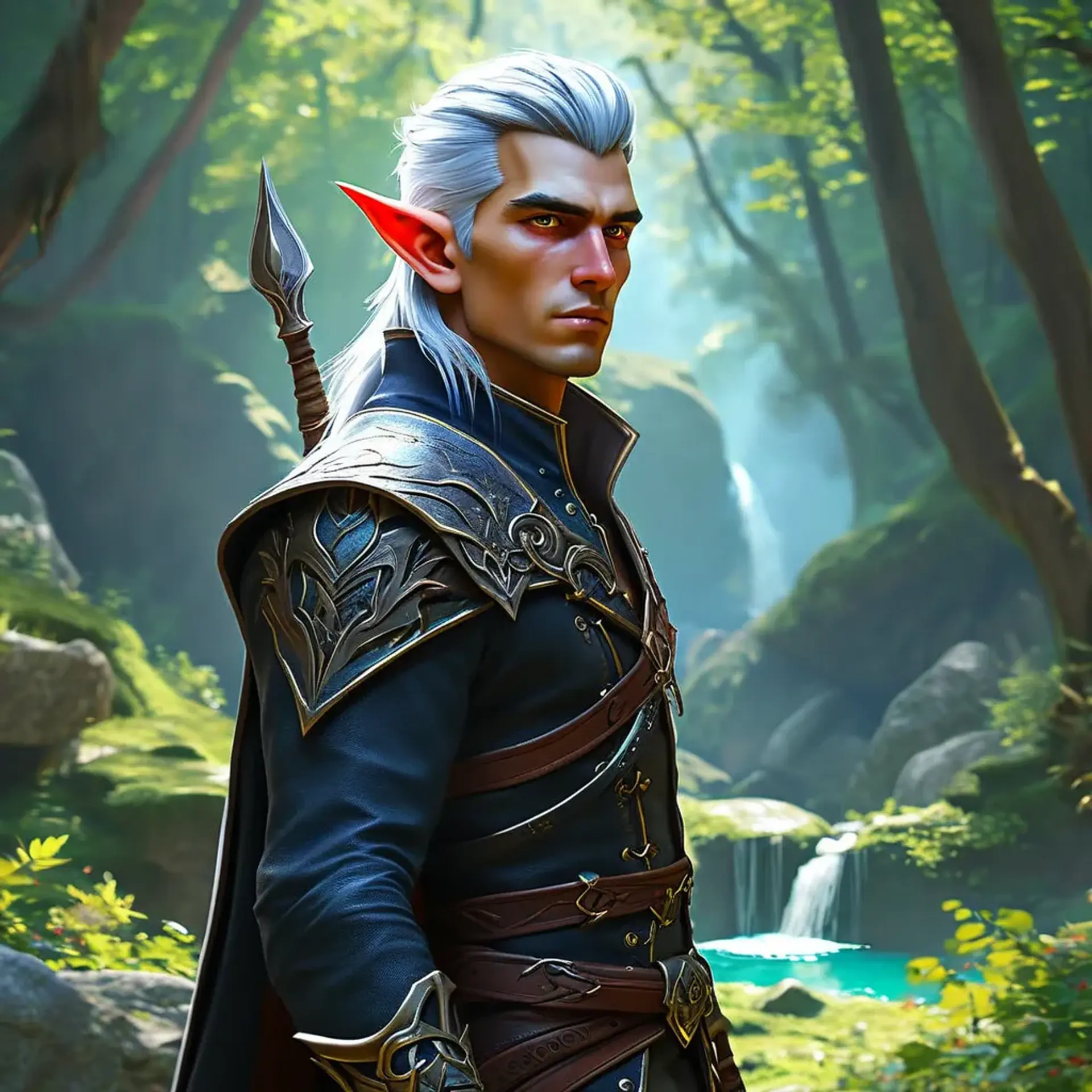 Kaelen, a formidable greying warlock of elven descent, exudes an aura of ancient power. His silver-white hair and arcane sigils etched on his dark leather coat hint at countless battles fought. With piercing violet eyes and a longsword pulsating with magic, he stands as both a guardian and a danger.