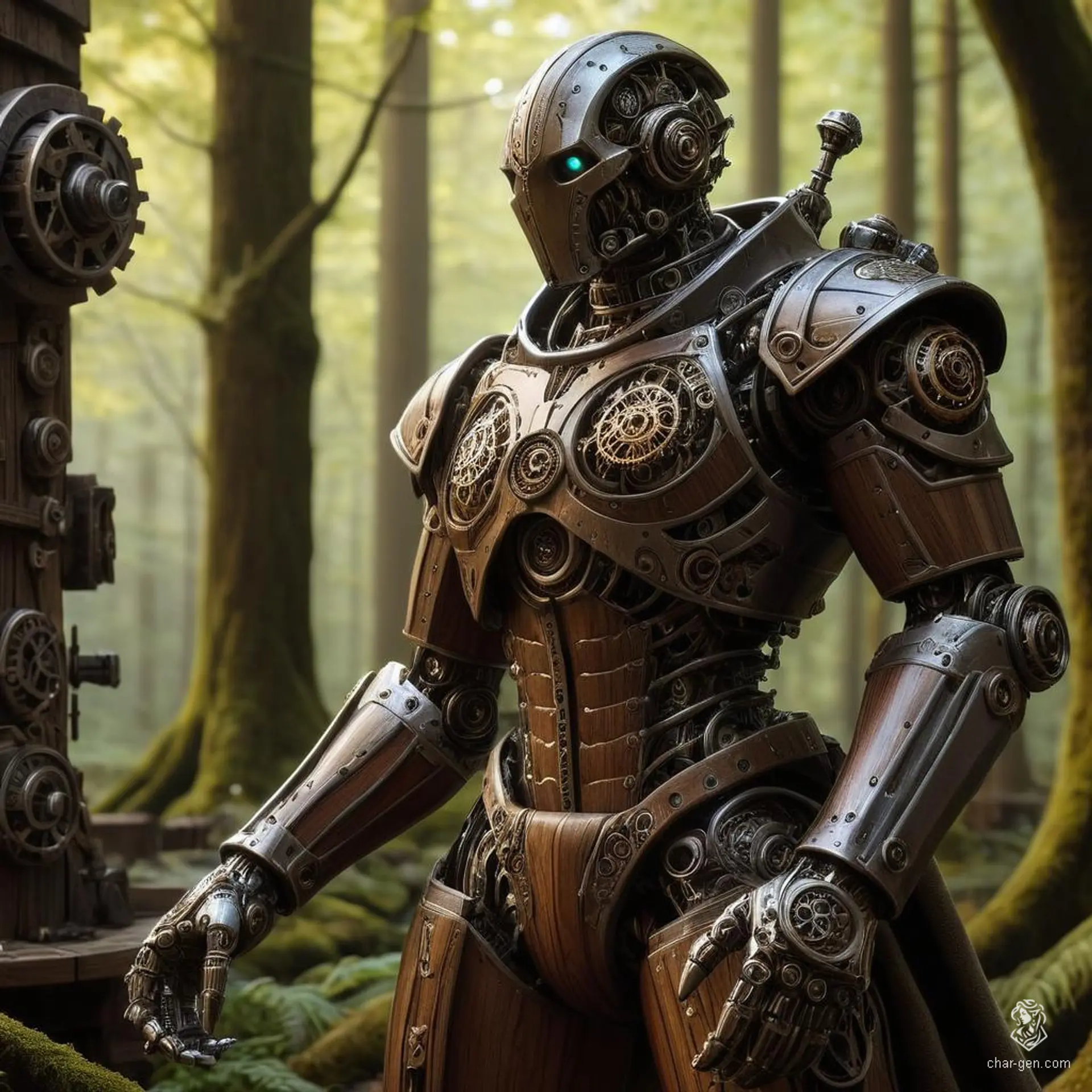 A 7' tall warforged rogue, blending medieval fantasy with machinery, made from wood, metal, and magic. This stoic iron giant possesses a stealthy demeanor, with a muscular build and handsome, statue-like features. Lacking armor, he relies on his light-footed agility and robust frame.