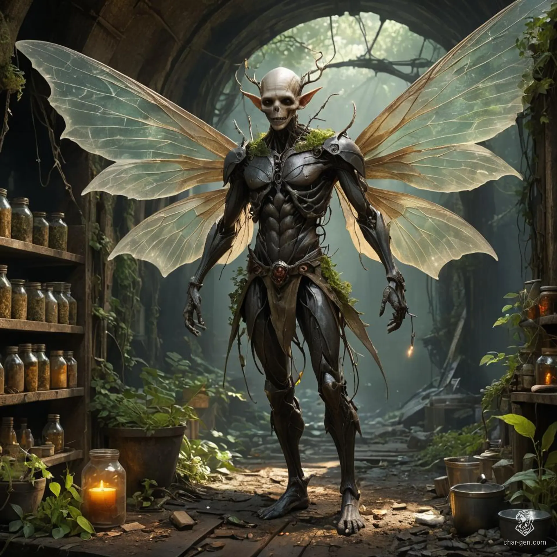 An ethereal and slender male fairy-like warlock, with translucent wings and elfin features, adorned with arcane sigils. Despite his tiny, slightly sinister appearance, he dedicates his magical aura to healing, skillfully using herbs, potions, and bandages to tend to the sick and wounded.