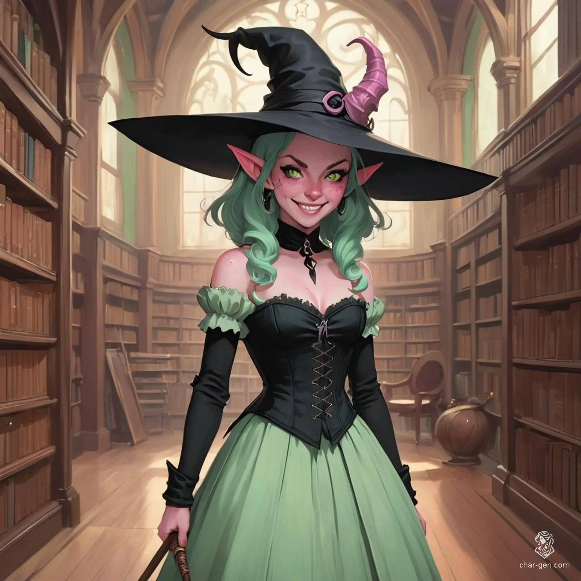 A mischievous tiefling sorceress, with pink skin and cute freckles, dons a huge witch hat that conceals her small horns. Her possessed black eyes sparkle with malice as she wields a natural staff, dressed in black and pastel green corset attire, within an eerie library hall.