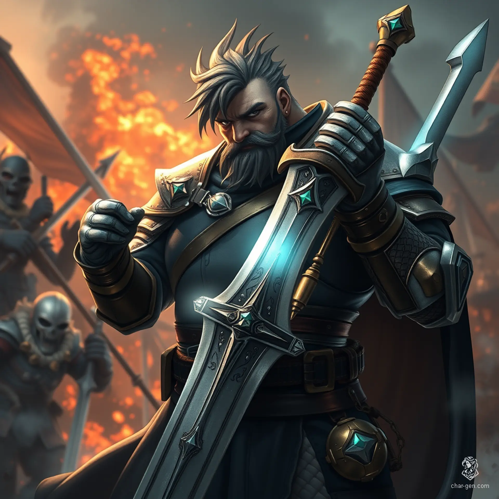 Sig Curtis stands tall at 2 meters, a robust warrior adorned in battered half armor, exuding a gloomy yet determined aura. Wielding a beautifully inlaid great sword that glows with an inner light, he readies for battle, surrounded by a swirling shadow as chaos erupts behind him.