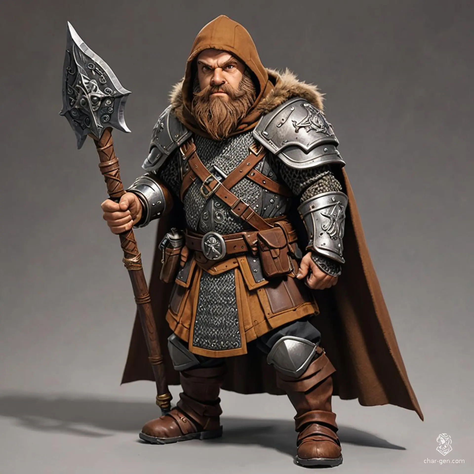 Argrim, the stalwart dwarf hunter, roams the ancient forests with his musket slung across his shoulder. Clad in chainmail armor beneath a weathered brown cloak and hood, his keen eyes pierce the shadows, while his medium-length brown hair and beard blend seamlessly with the earthy tones of his surroundings.