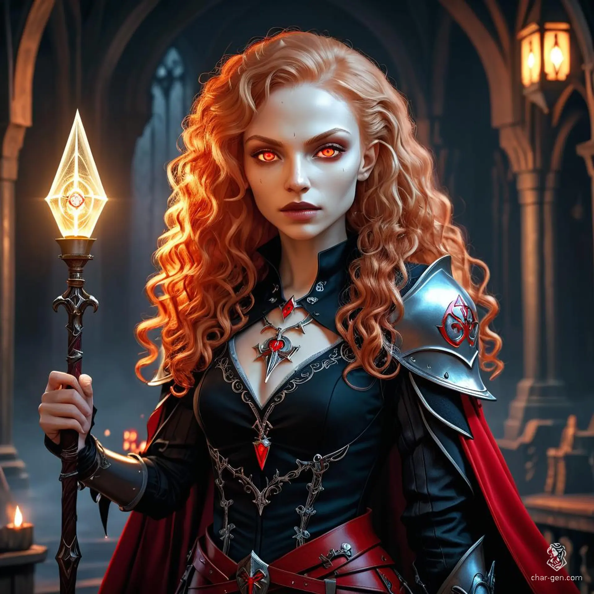 A striking female warlock of light skin, with glowing arcane sigils and an aura of magic, commands as a general. She possesses long, curly red hair, red eyes, a slim build, and is noted for her vampiric nature.