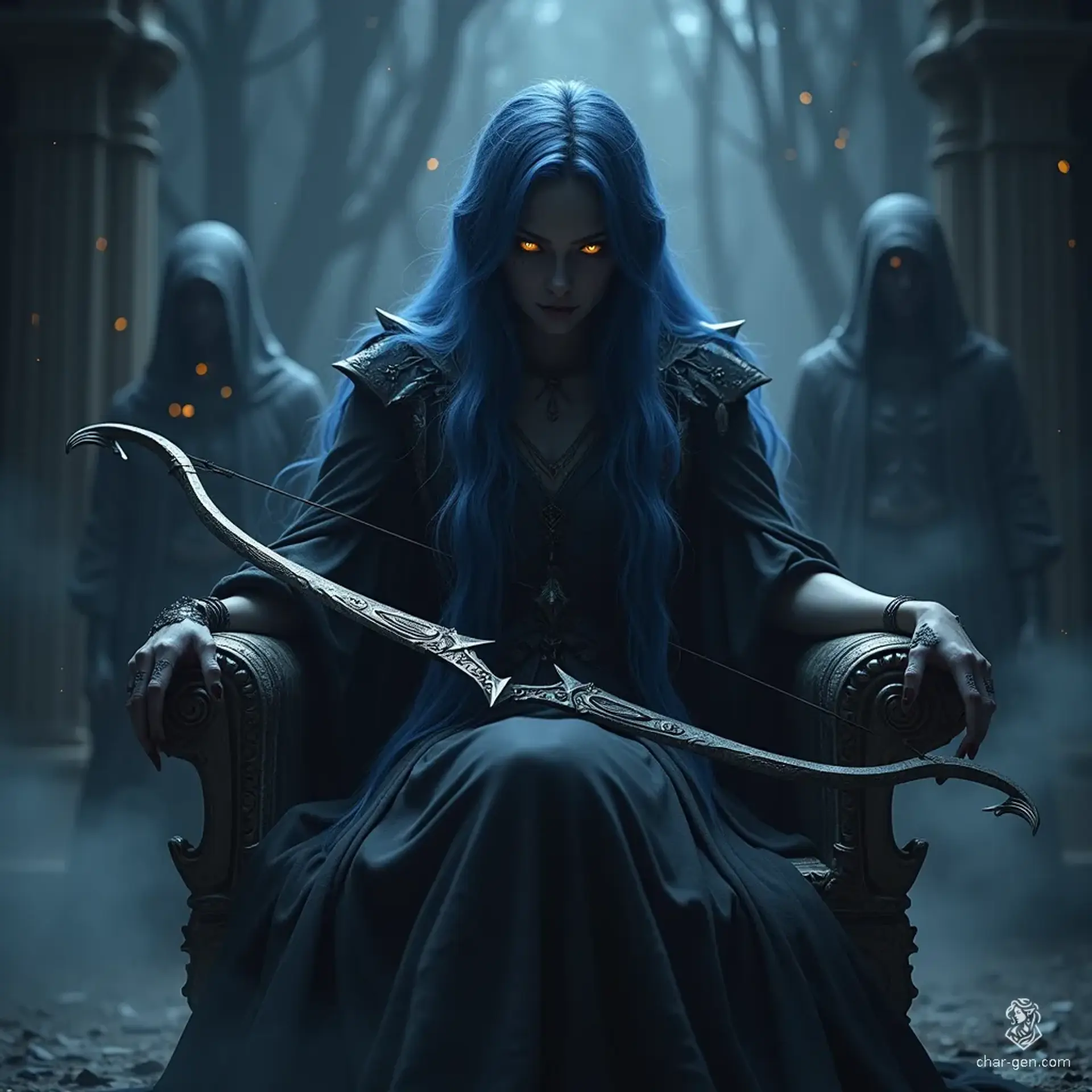 Aloka, the last Shadow Genasi, sits on her obsidian throne, exuding a haunting blend of confidence and sorrow. Her midnight-blue hair flows like shadows, framing her striking golden eyes. Clad in a tattered gown, she wields a radiant silver bow, embodying the lost souls that surround her.