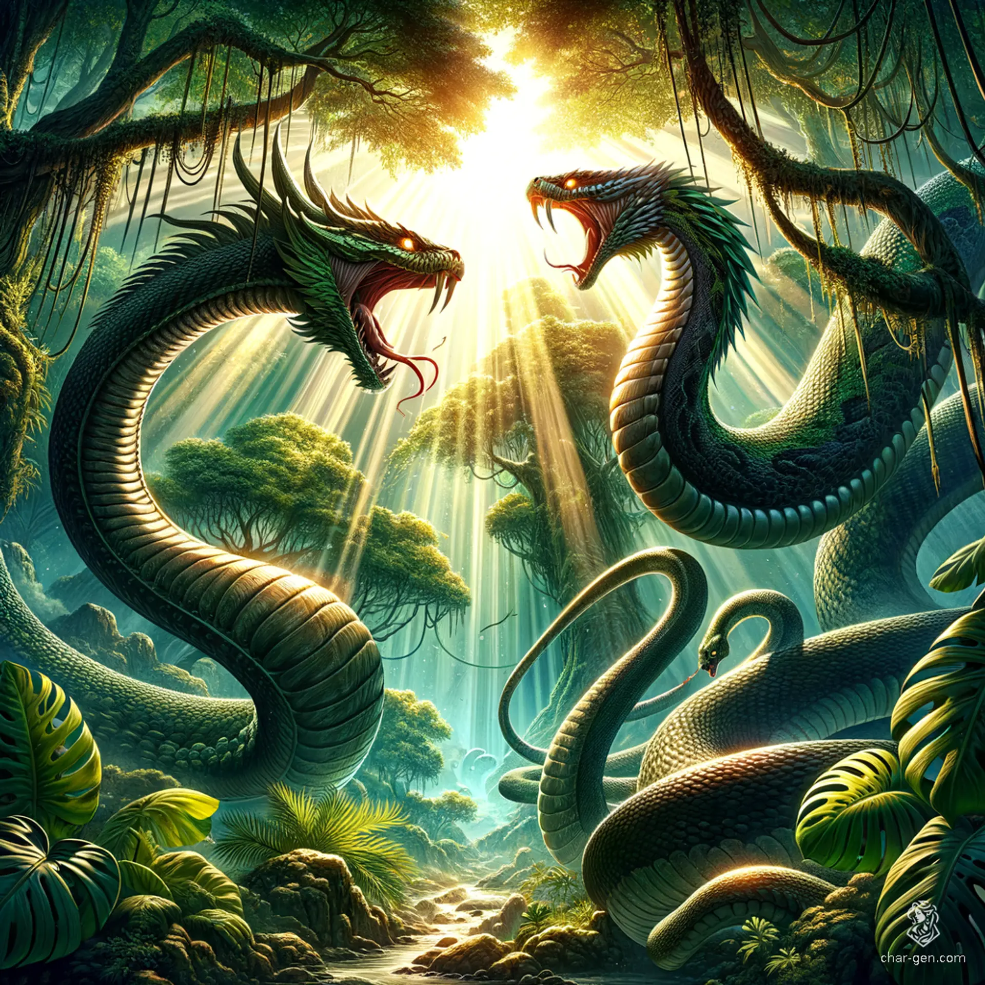 A colossal serpent with scales resembling polished armor, the Giant-Snake strikes fear with its glowing, predatory eyes and venomous fangs. It glides silently through dense forests, ambushing prey with lightning speed and constricting strength, often guarding ancient ruins or hidden treasures.