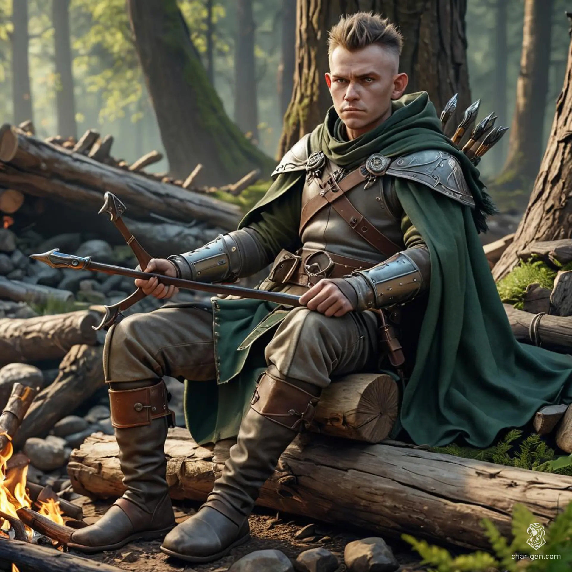 A medium-skinned male halfling ranger with a distinctive mohawk sits on a log by a bright fire. Dressed in grey leather armor, moccasins, and a green cloak, he wields a crossbow and a short sword. He sips from a steaming mug, sharp eyes always ready to track prey.