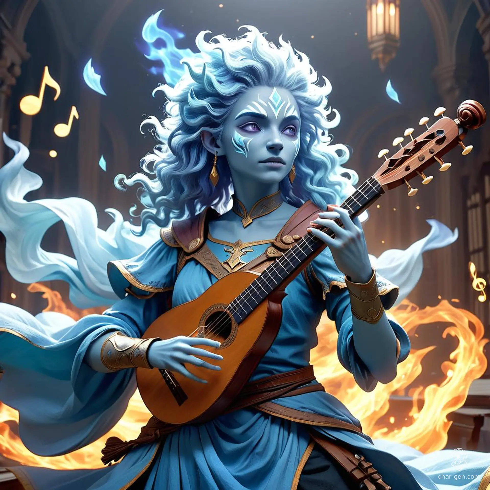 An enchanting Air Genasi bard with bright blue, windswept, airy skin and curly hair, she captivates audiences with her magical lute or flute. Surrounded by sheets of music and melodies, her expressive gestures and nebula-like aura ensure her musical performances are unforgettable.