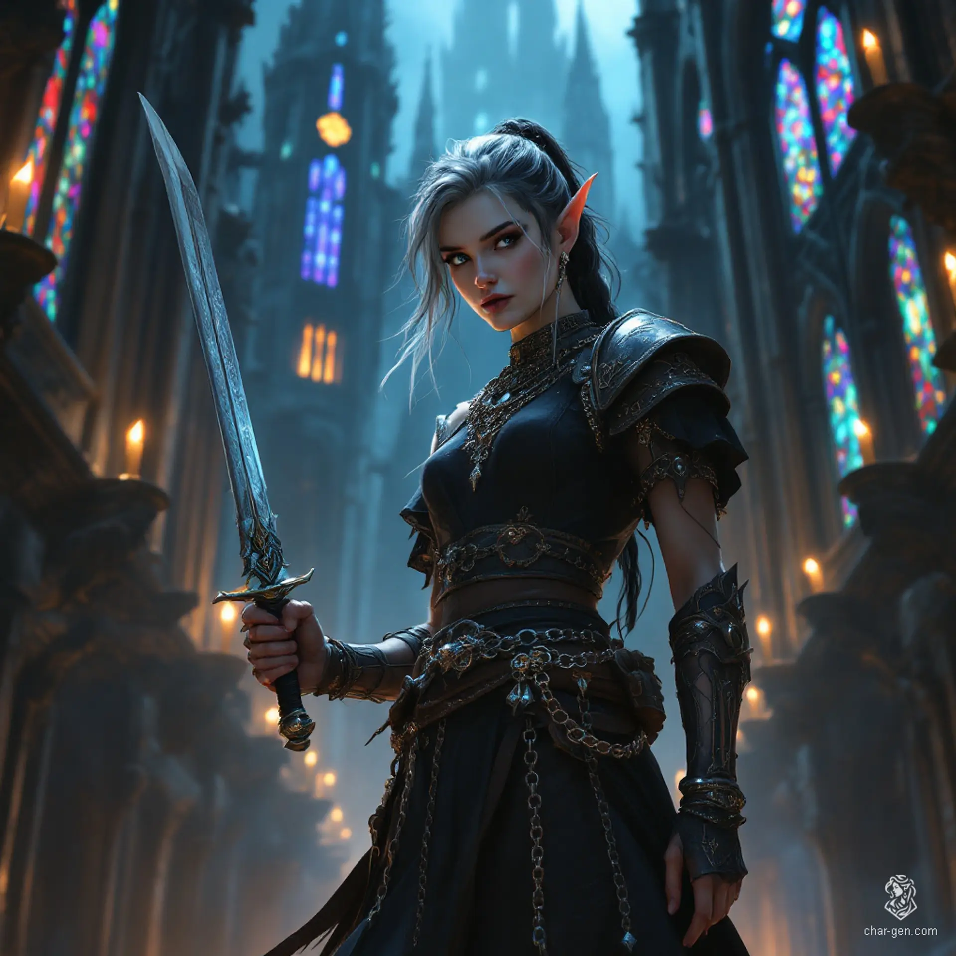 Jacqueline Savatier, a 24-year-old half-elf bard, wields a scimitar with grace, her nimble fingers dancing over her magical instrument. Orphaned in Ravenholme, she charms audiences with music and acrobatics, fueled by a fierce independence and a desire for a better life.