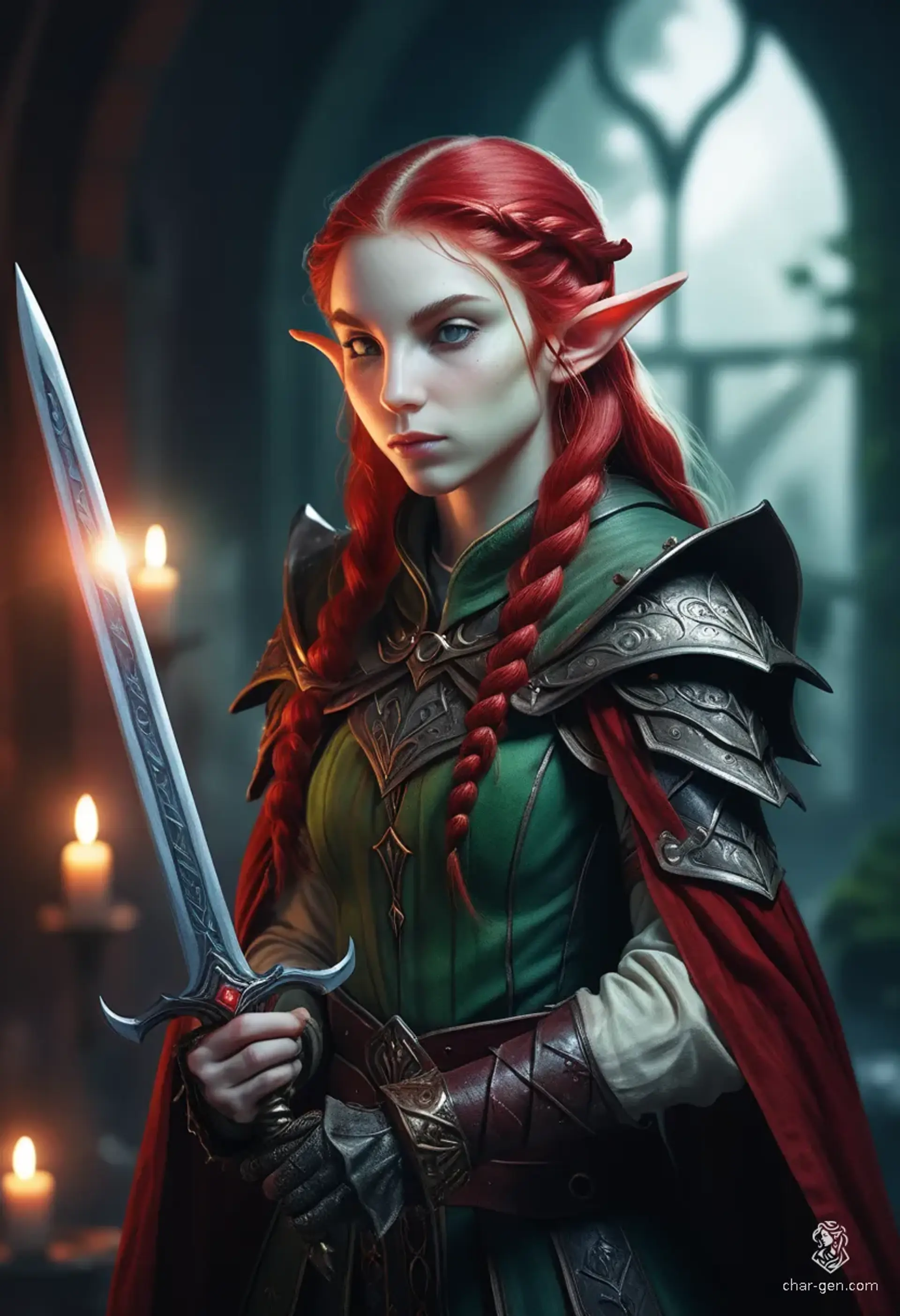 A regal young female elf Paladin stands poised in heavy full-plate armor, her voluminous cherry-red hair flowing against a dark, gothic night. Wielding a glowing magic sword and heater shield, her fair skin and dignified, protective stance exude surreal, eldritch power in this cinematic masterpiece.