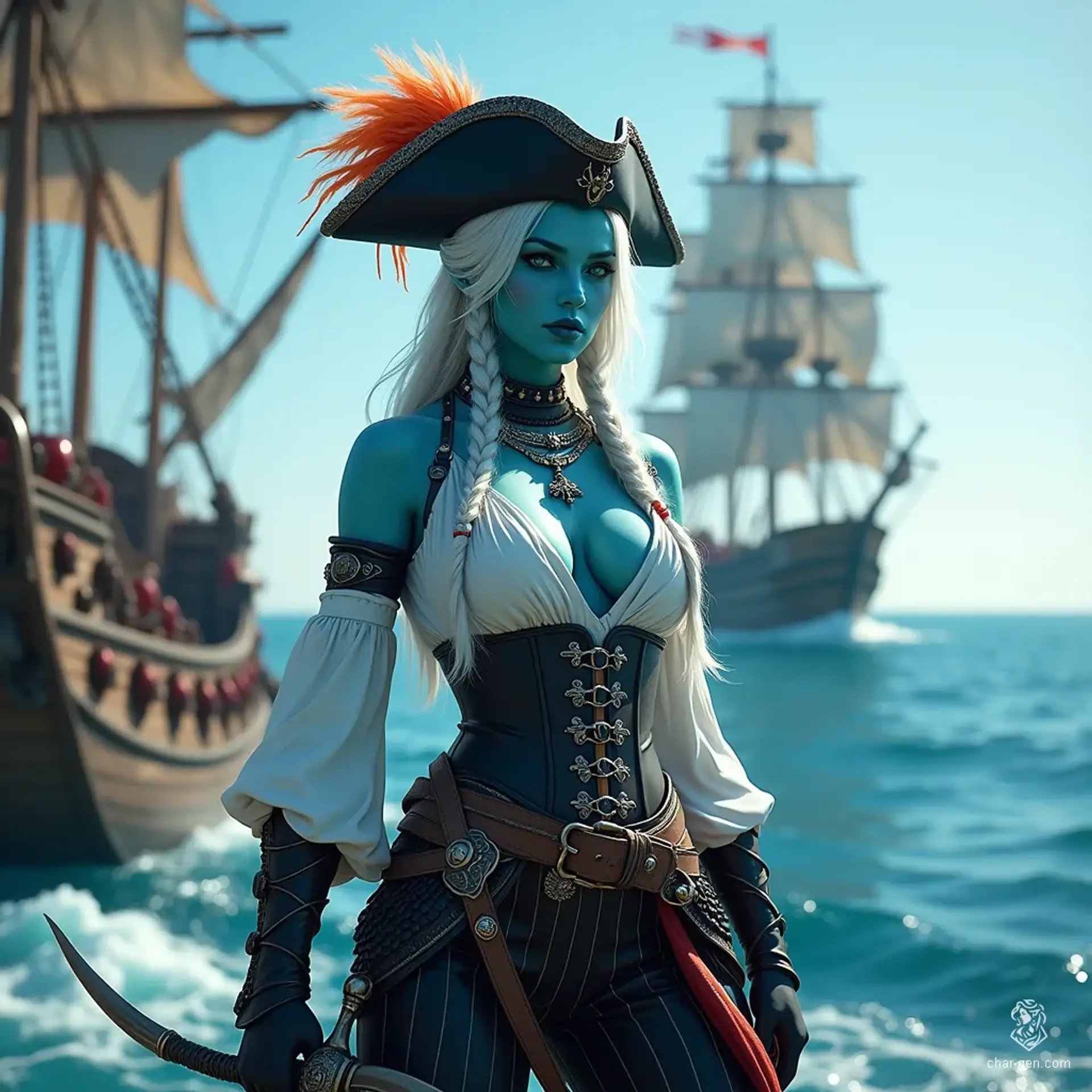 Elysia, the captivating sea elf pirate, commands the deck with her striking blue skin and mesmerizing sea green eyes. Clad in a daring sleeveless blouse and black corset, her long white braids adorned with silver trinkets flow as she brandishes a curved cutlass, ready for adventure and treasure beneath the waves.