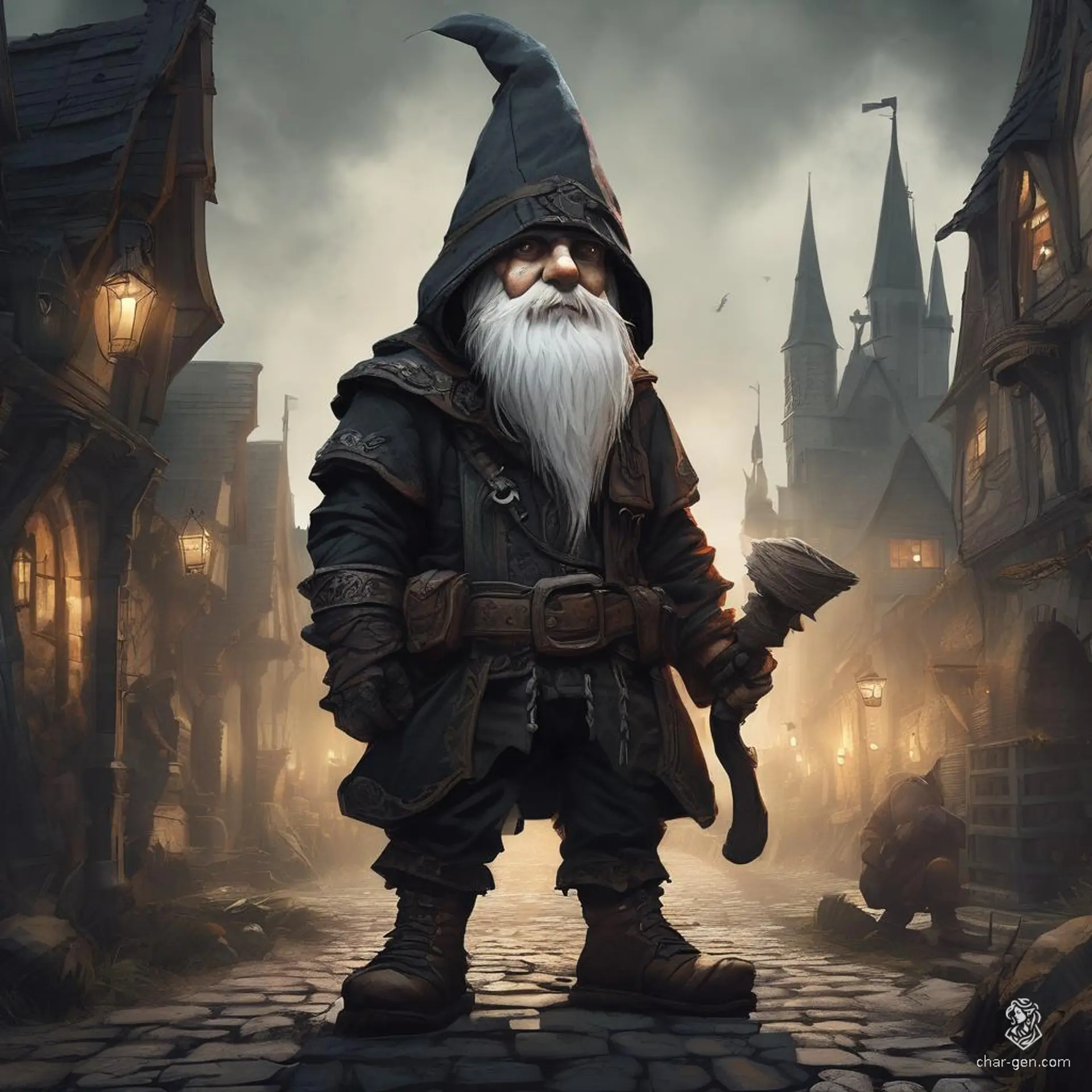 A nimble Gnome Rogue, draped in dark, form-fitting leathers, slips through shadows with cat-like grace. Their quick, light-footed movements and keen, stealthy demeanor make them an unseen threat in any dungeon setting.
