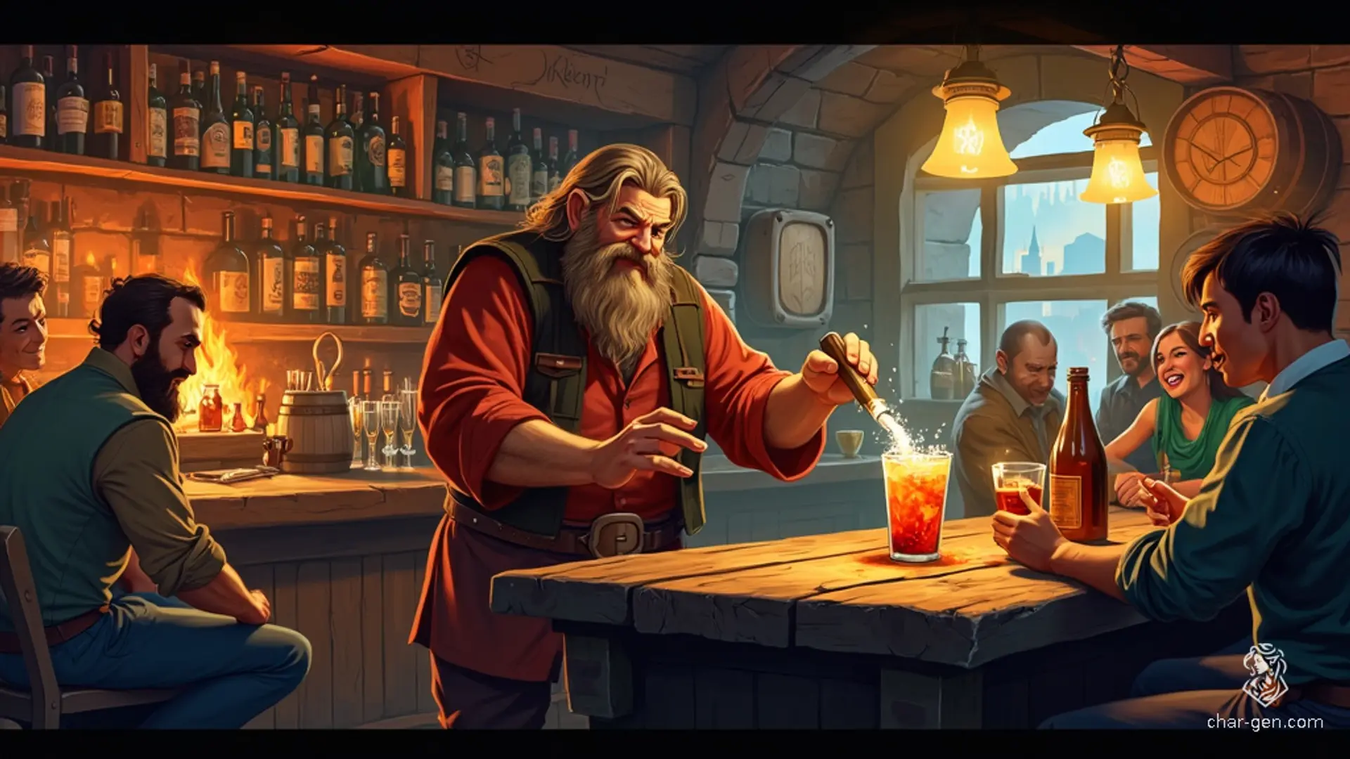 A sturdy male dwarf bartender with a thick beard diligently wipes down counters among barrels and bottles, serving drinks to lively patrons with a gruff yet welcoming demeanor. His deep-set eyes reflect tales of old as he masters the art of hospitality.