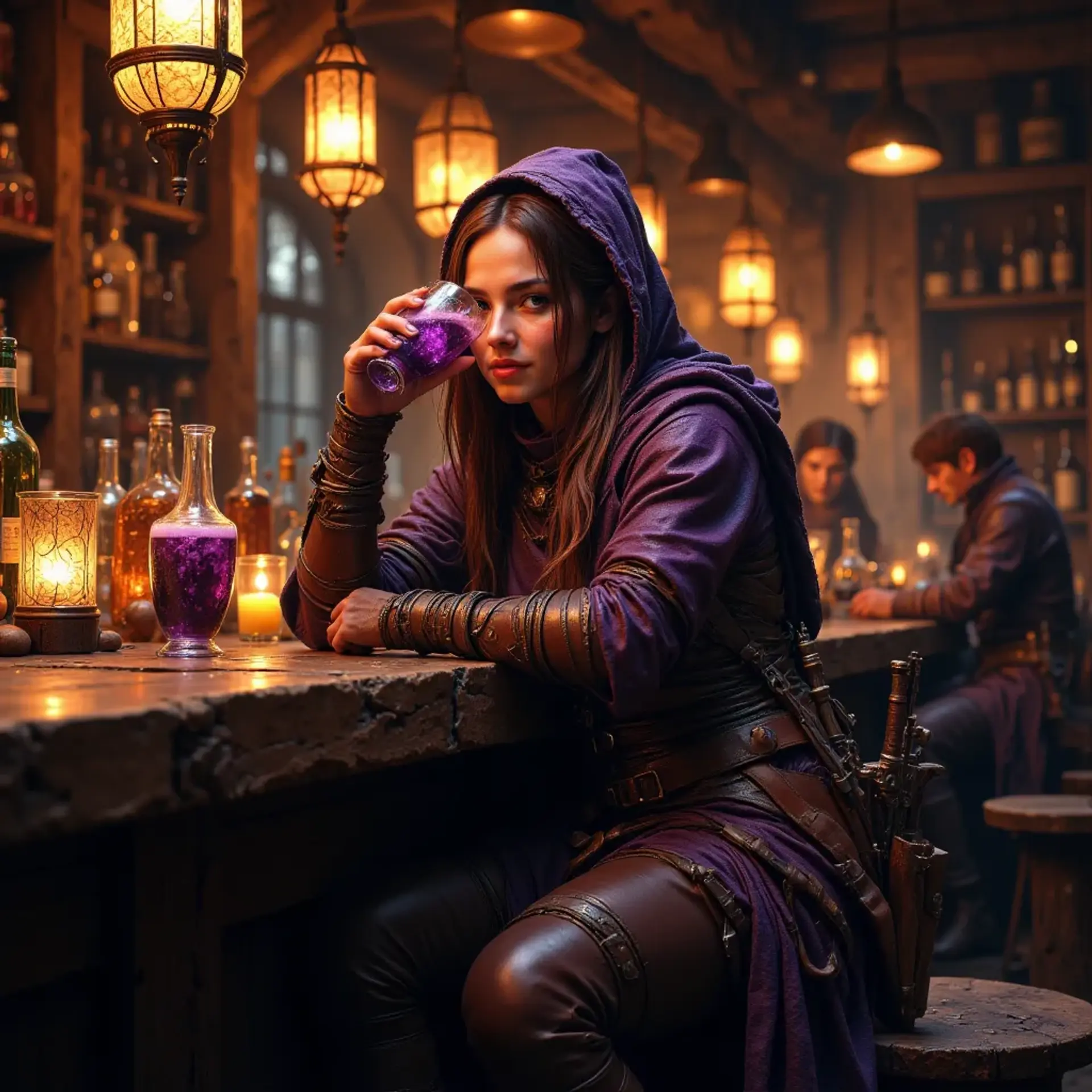 Amidst the bustling tavern, a young ranger with an athletic build surveys the crowd from her perch. Clad in practical brown leather armor and an earthy cloak, her piercing blue eyes glint with mischief. Sipping a vibrant purple drink, she exudes confidence, ready for adventure.