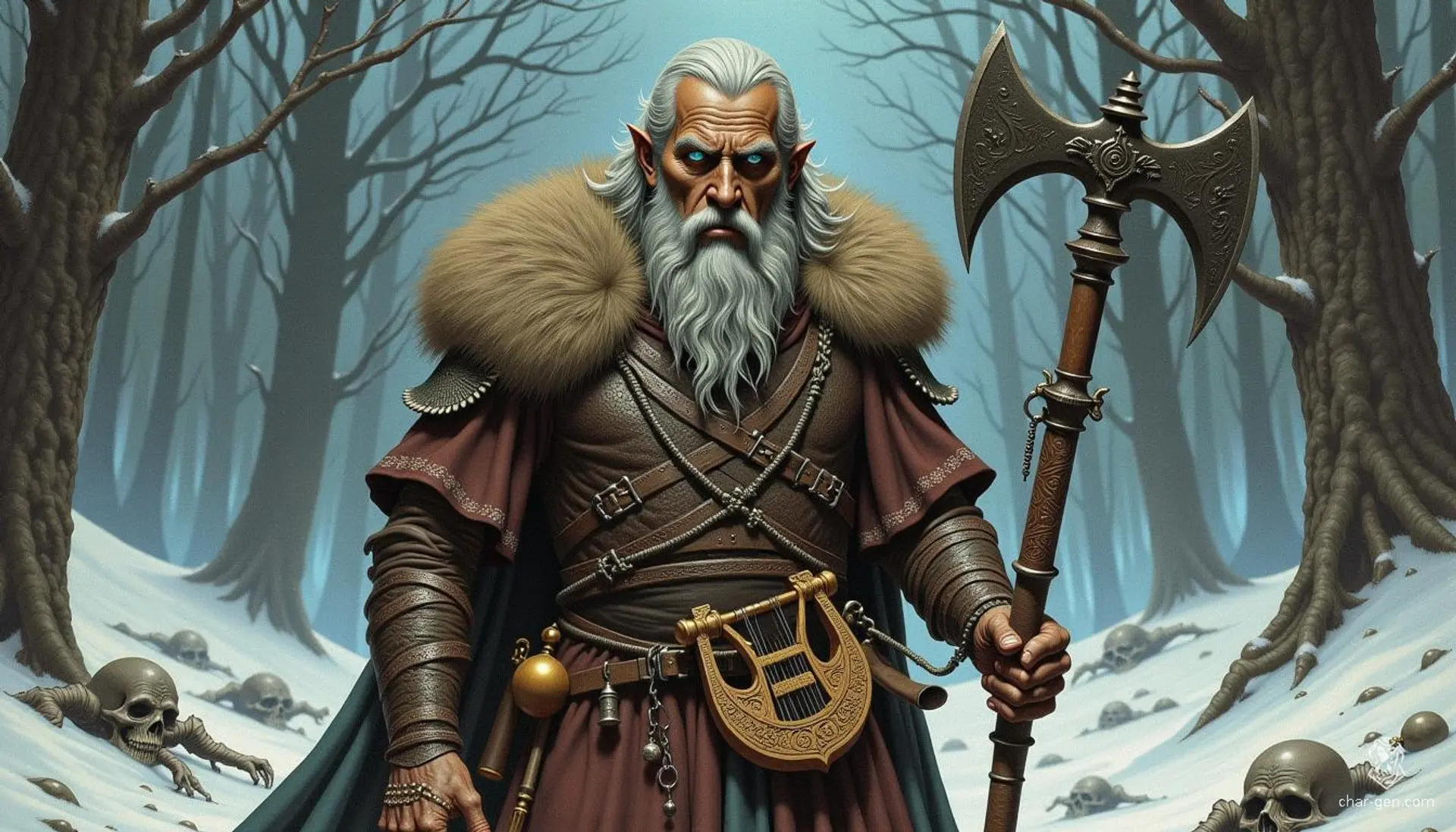 Eldra Frostweaver, an elderly Viking skald, embodies the fusion of war and wisdom. Her weathered visage and frost-touched braids tell tales of countless battles. Gripping a rune-carved axe and an enchanted lyre, she channels ancient magic through powerful songs, inspiring allies on the frozen battlefield.