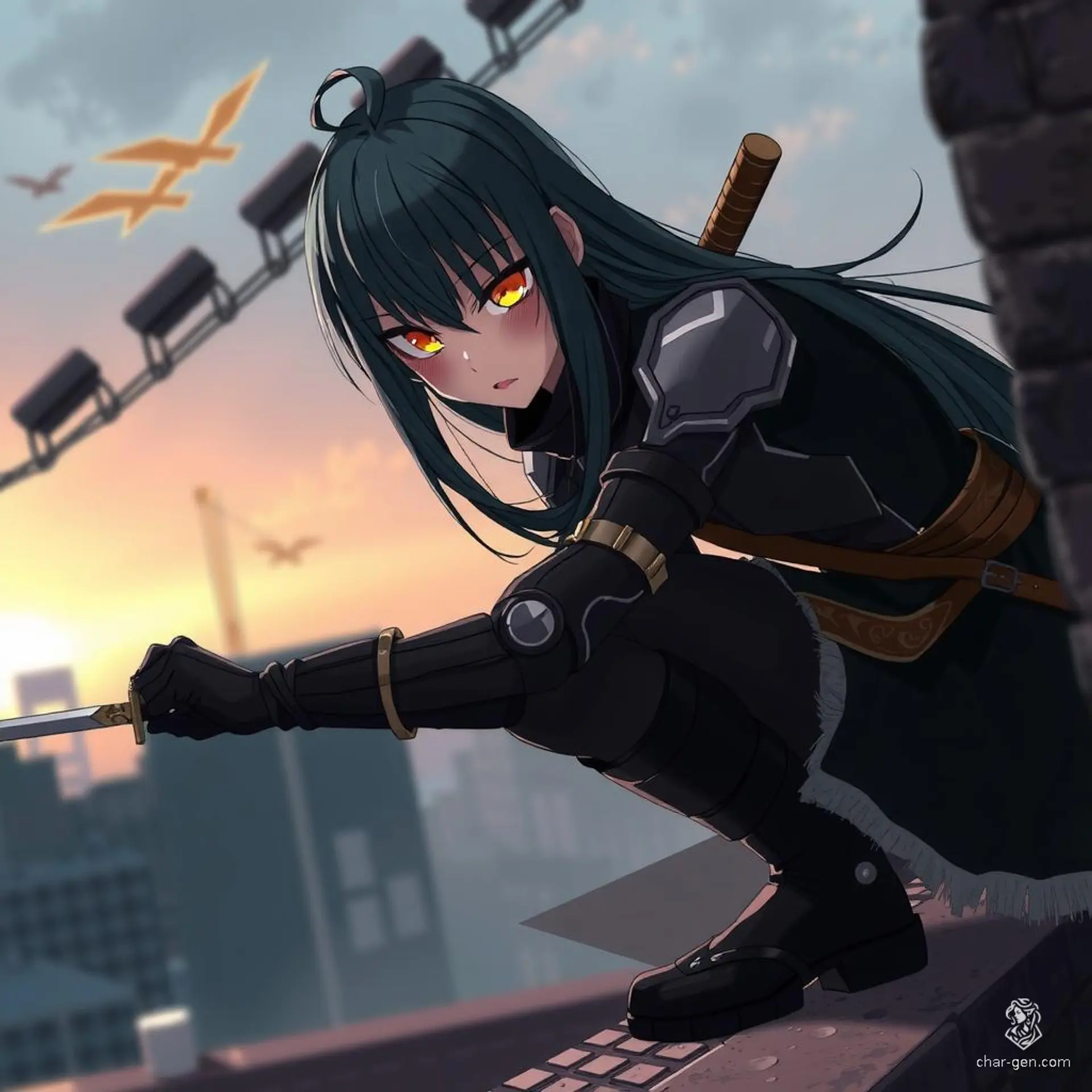 A stunning 4K anime-style digital depiction of a stealth-themed female warrior. She crouches low on a rooftop, long black hair swaying, sharp yellow eyes piercing the night. Clad in tight-fitting black leather armor, she grips a dagger, her intense expression mirroring the shadowy cityscape backdrop. Detailed skin and dynamic pose bring her to life.