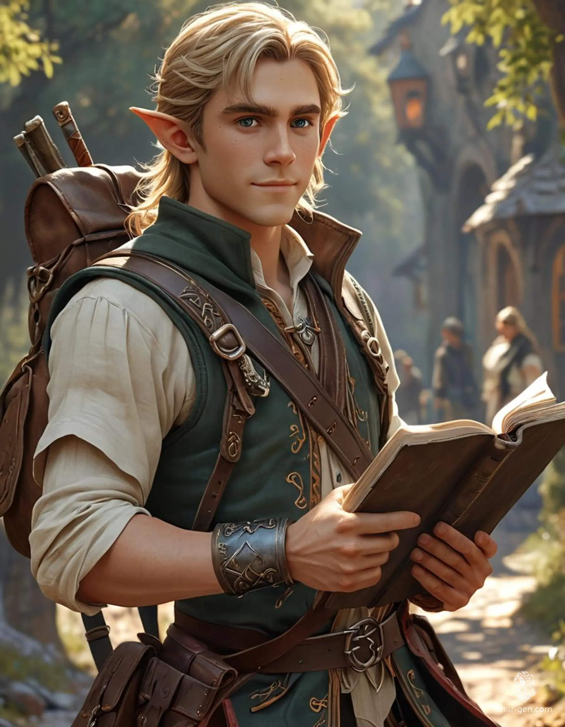A young half-elf wizard courier with bright blonde hair in a ponytail, and distinct olive skin. He carries a magic tome, wears enchanted garments with arcane sigils, and travels swiftly with a satchel of messages. Always smiling, he dons a long coat over a vest, with a magic sword and a few knives on his belt.