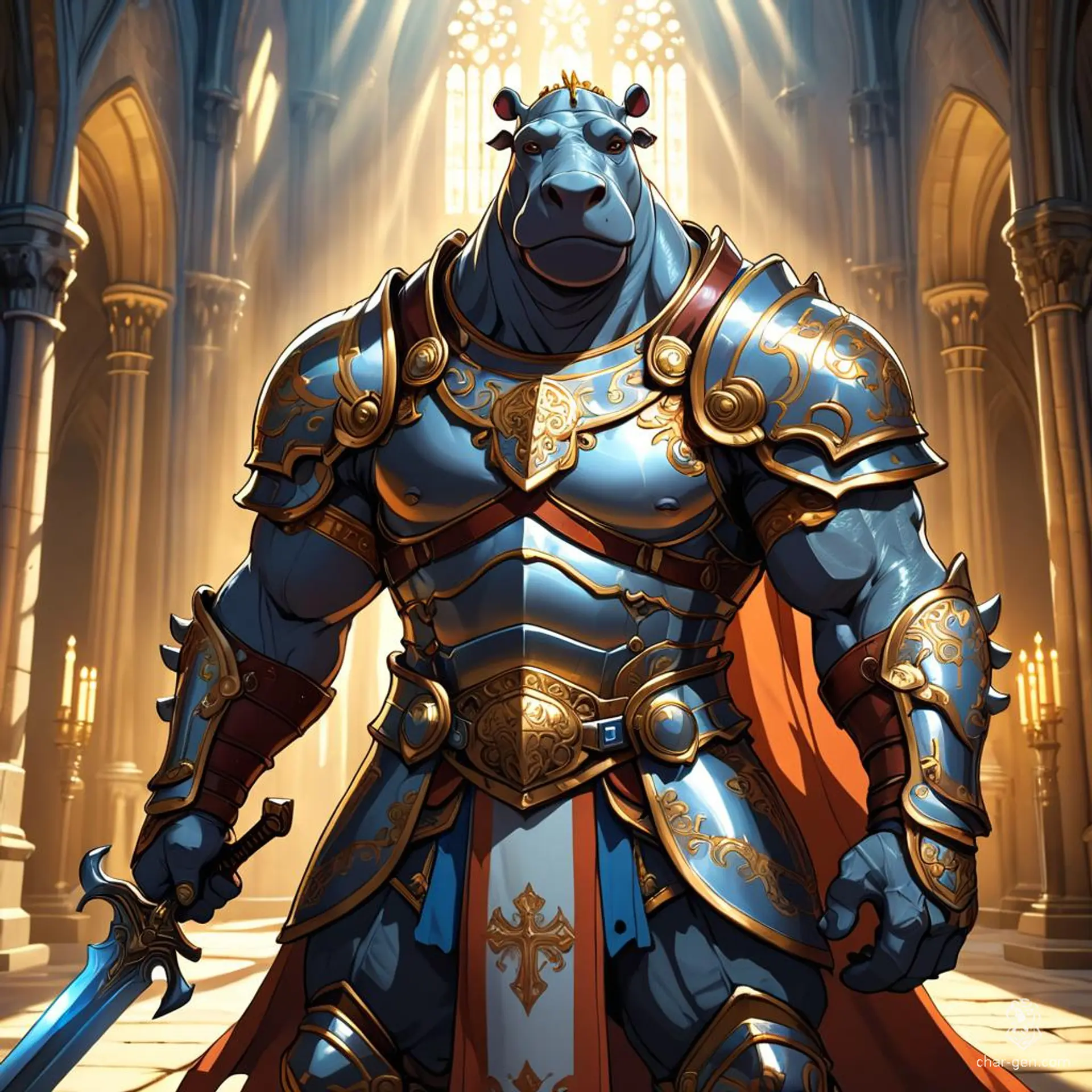 In an awe-inspiring cathedral, a noble anthropomorphic hippopotamus paladin stands tall, exuding strength and valor. Clad in intricately designed armor and wielding a glowing sword, he embodies divine heroism, bathed in holy light that accentuates his muscular build and fierce determination.